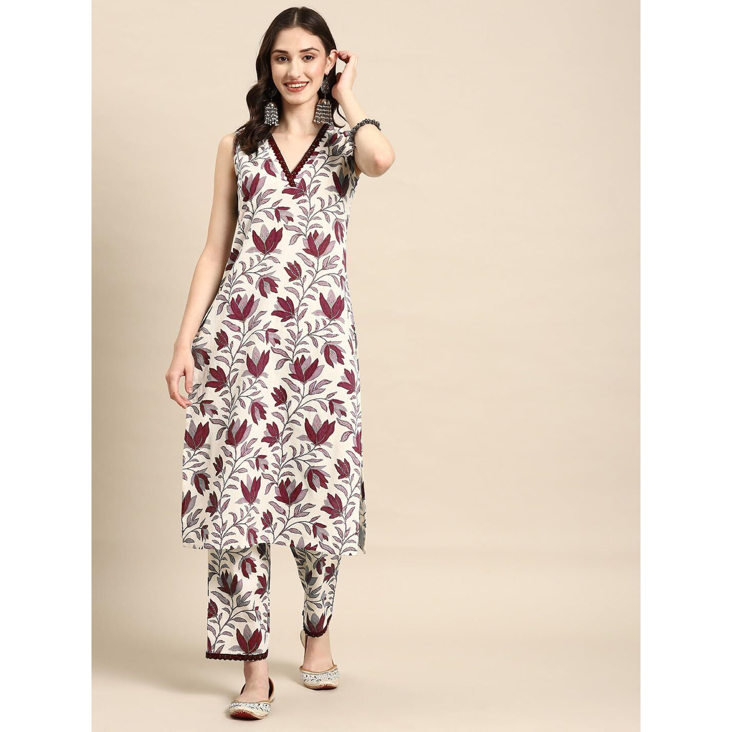 SMOWKLY V-Neck Sleeveless Kurta for Women (1433_MRN_S) Red