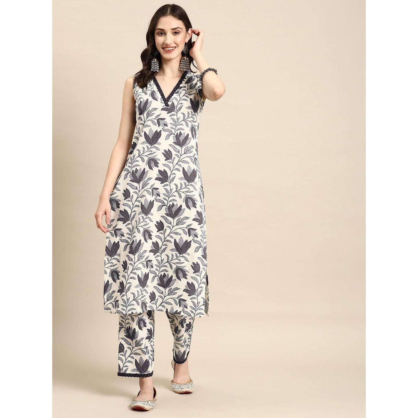 SMOWKLY V-Neck Sleeveless Kurta for Women (1431_Gry_M) Grey