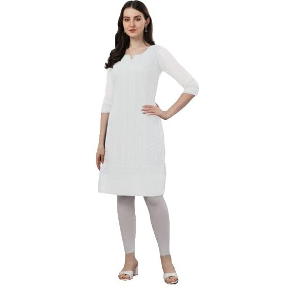 Fashion2wear Women's Georgette Chikankari Embroidered Notched Neck 3/4 Sleeve Knee Length Straight Kurta for Girls (Biba_Kurti_White_S)