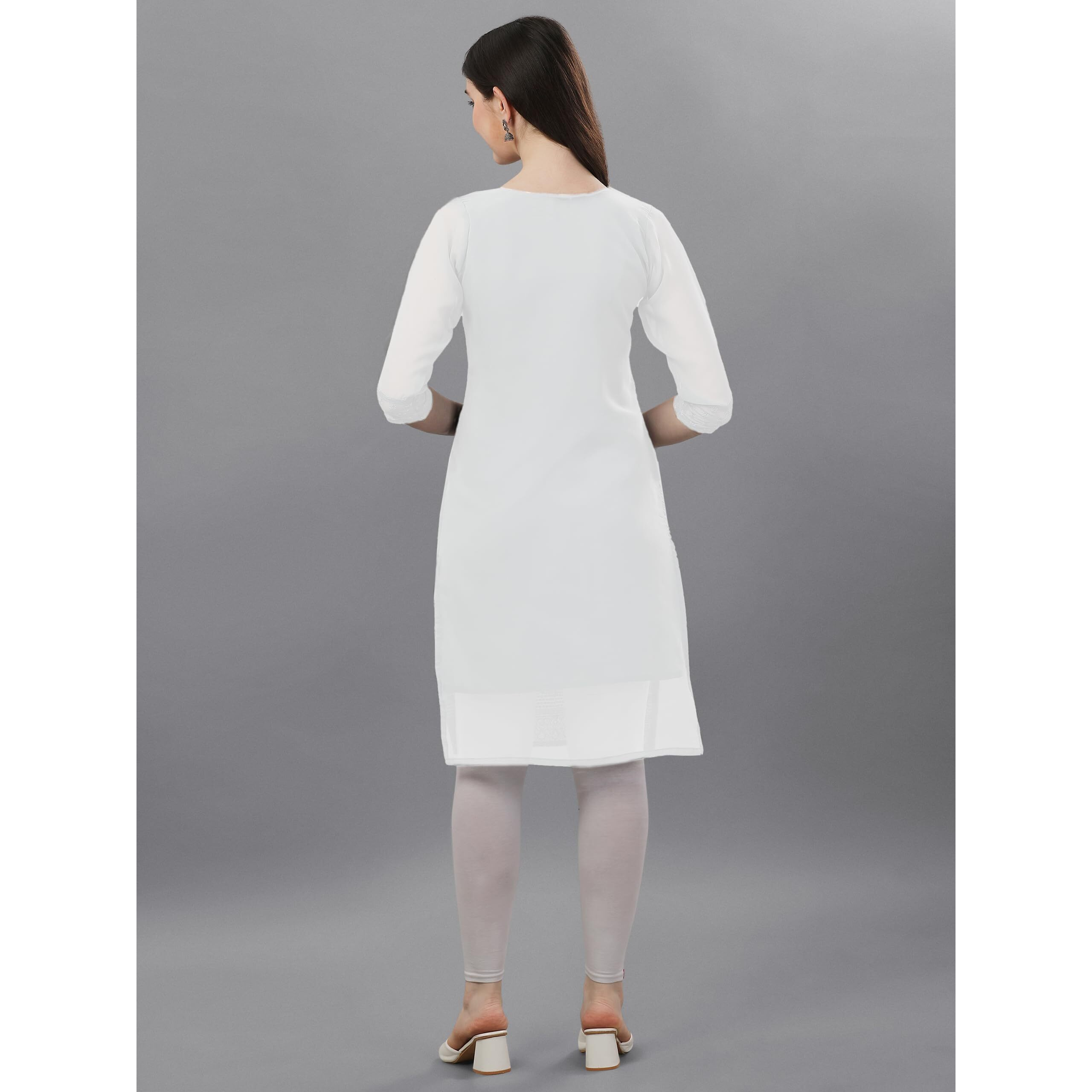 Fashion2wear Women's Georgette Chikankari Embroidered Notched Neck 3/4 Sleeve Knee Length Straight Kurta for Girls (Biba_Kurti_White_S)