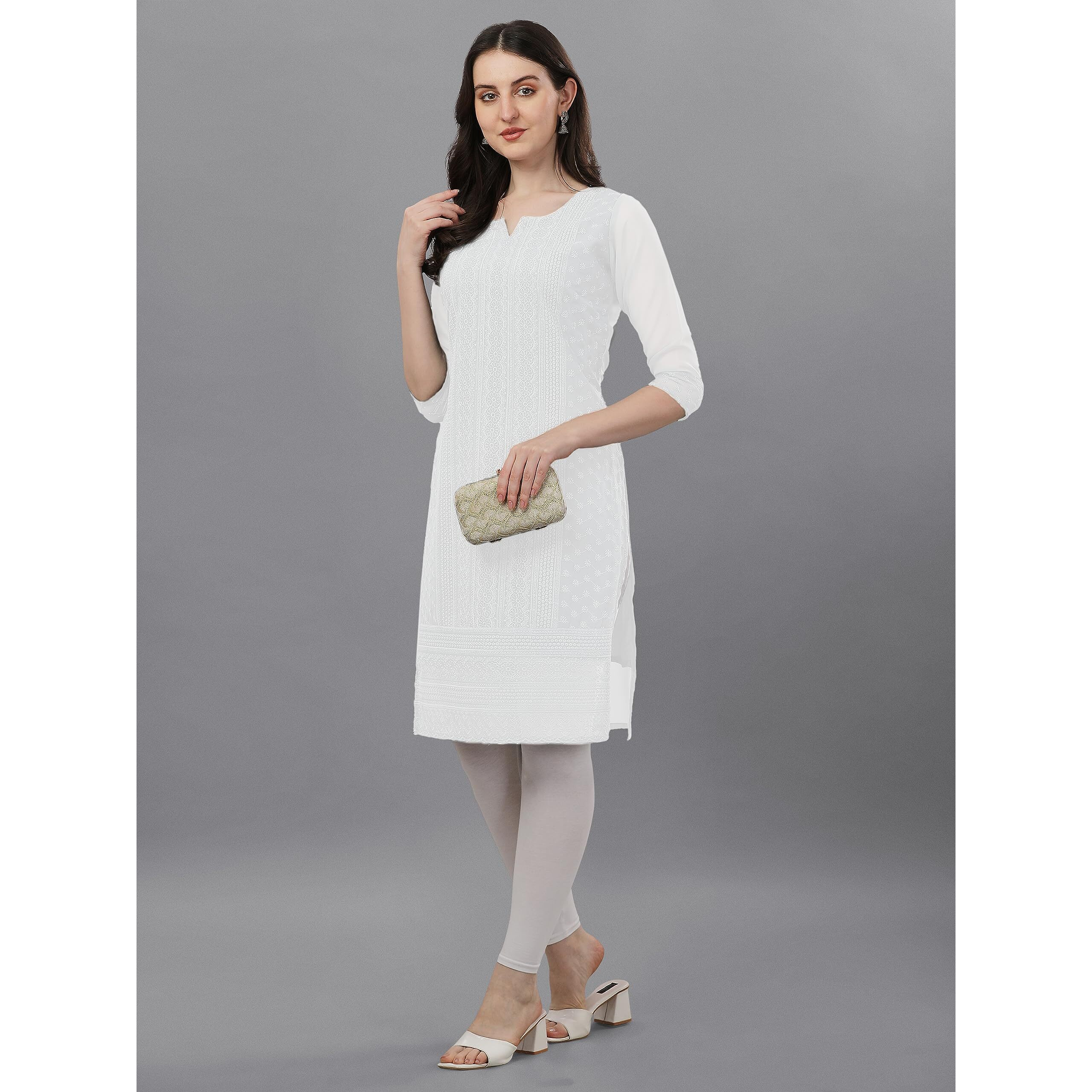 Fashion2wear Women's Georgette Chikankari Embroidered Notched Neck 3/4 Sleeve Knee Length Straight Kurta for Girls (Biba_Kurti_White_S)
