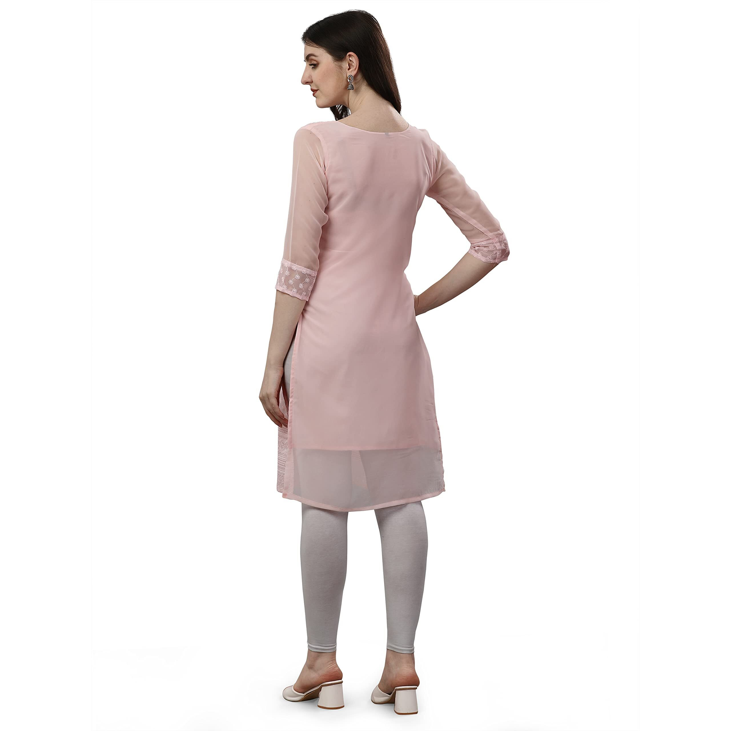 Fashion2wear Women's Georgette Chikankari Embroidered Notched Neck 3/4 Sleeve Knee Length Straight Kurta for Girls (Biba_Kurti_Peach_M)