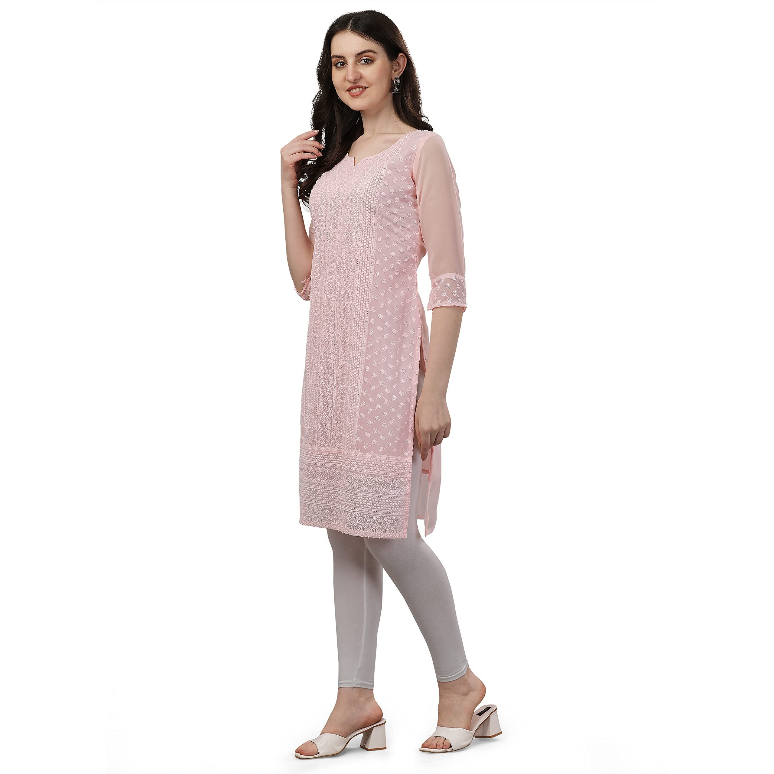 Fashion2wear Women's Georgette Chikankari Embroidered Notched Neck 3/4 Sleeve Knee Length Straight Kurta for Girls (Biba_Kurti_Peach_M)