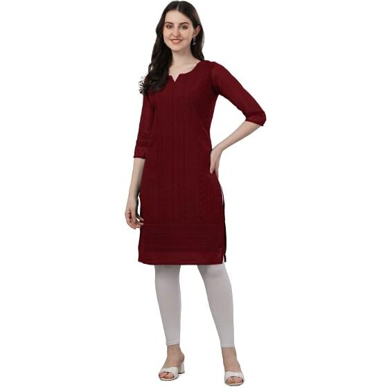 Fashion2wear Women's Georgette Chikankari Embroidered Notched Neck 3/4 Sleeve Knee Length Straight Kurta for Girls (Biba_Kurti_Maroon_S)