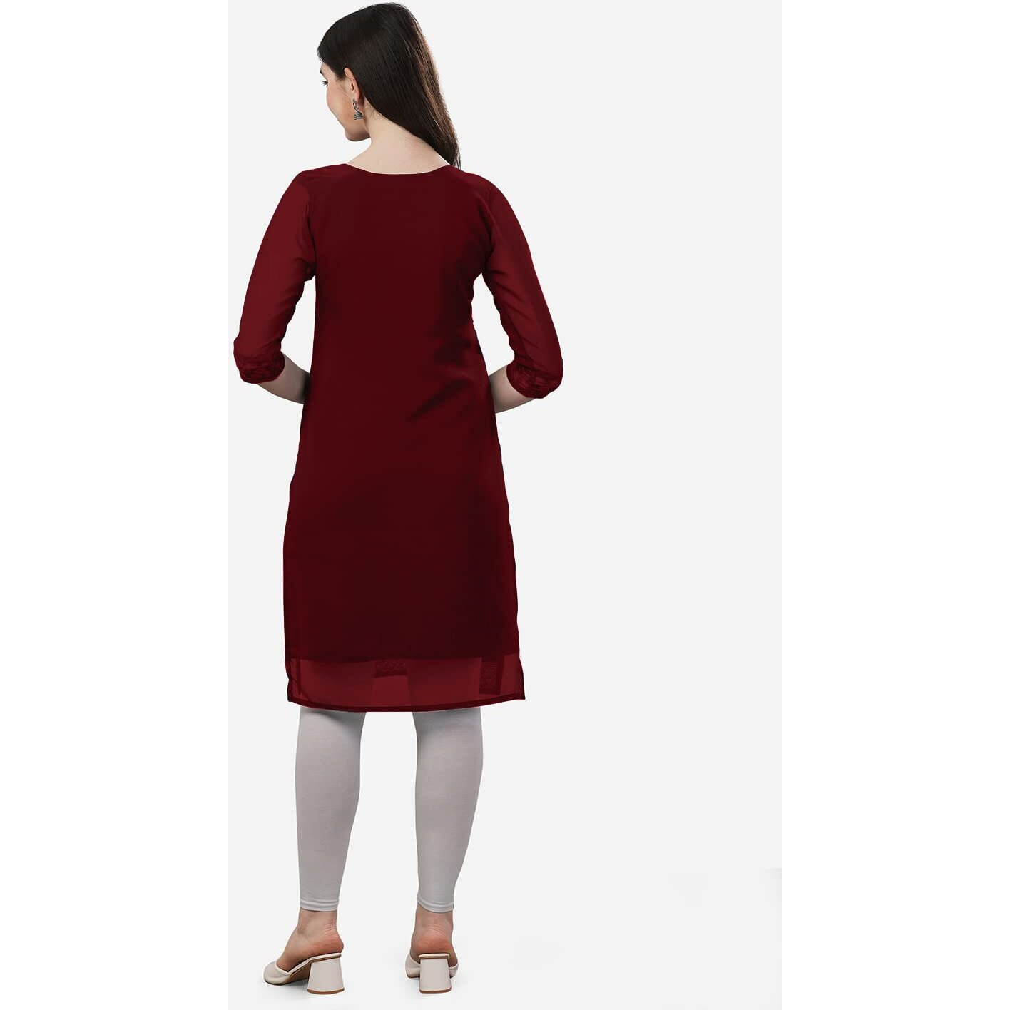 Fashion2wear Women's Georgette Chikankari Embroidered Notched Neck 3/4 Sleeve Knee Length Straight Kurta for Girls (Biba_Kurti_Maroon_S)