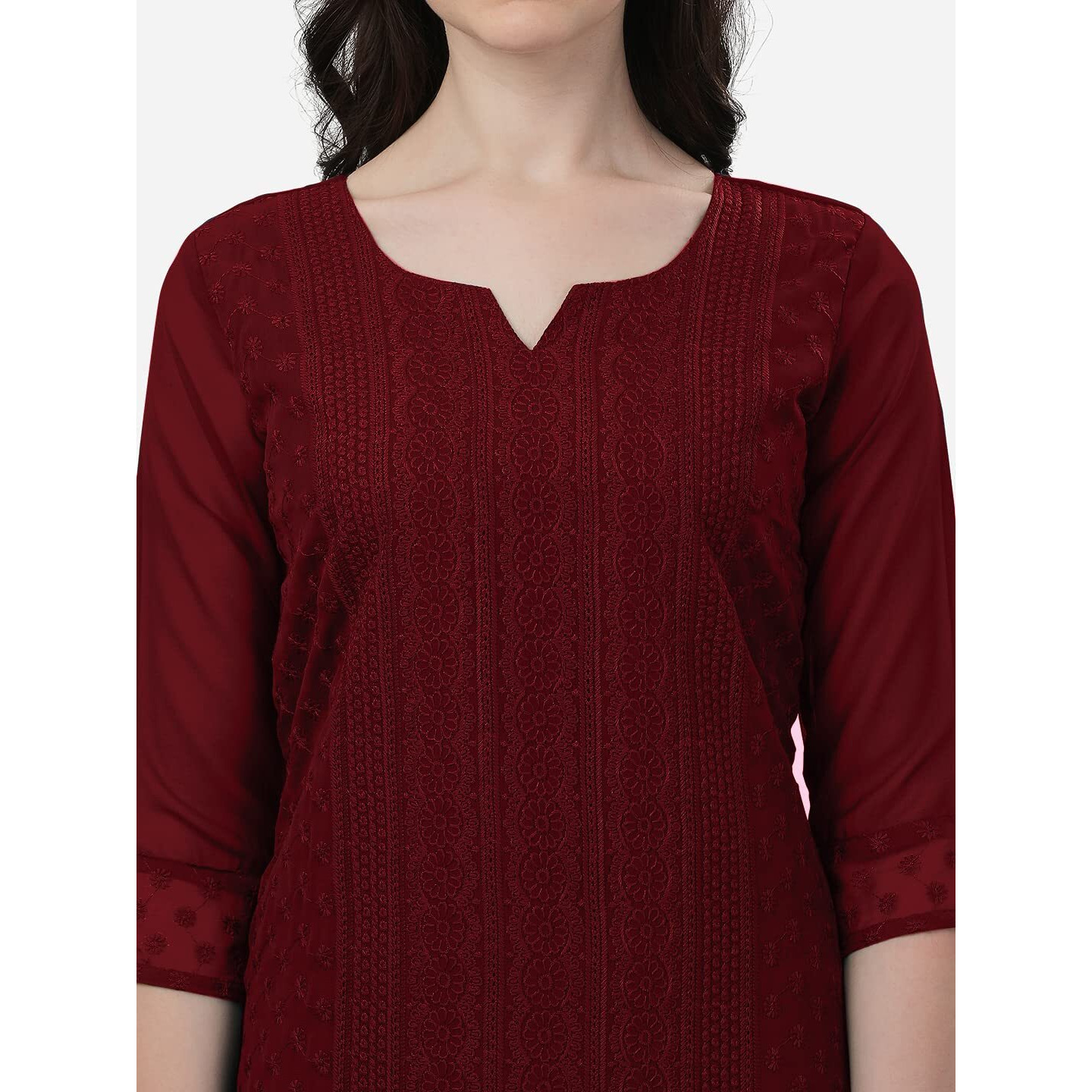 Fashion2wear Women's Georgette Chikankari Embroidered Notched Neck 3/4 Sleeve Knee Length Straight Kurta for Girls (Biba_Kurti_Maroon_S)