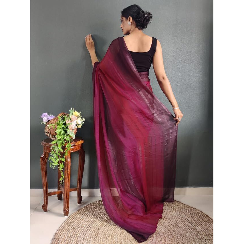 Satrani Women's Georgette Printed & Ready To Wear Saree with Unstitched Blouse Piece (3374S361NA_Pink &Wine3)