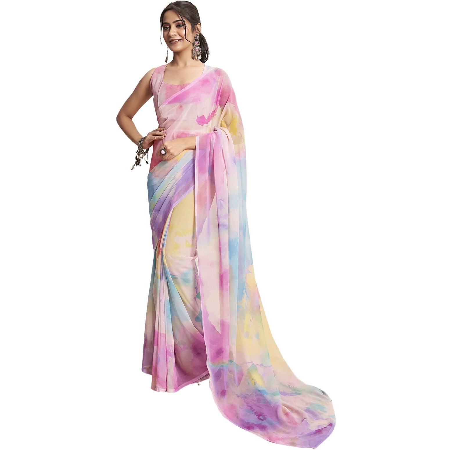 Satrani Women's Georgette Printed Ready To Wear Saree with Unstitched Blouse Piece (18RS158NA_Pink & Multi6)
