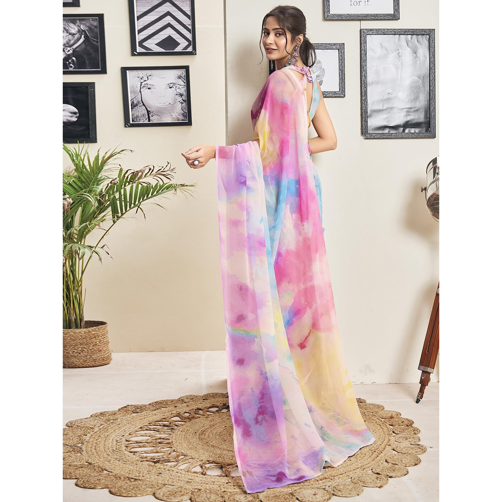 Satrani Women's Georgette Printed Ready To Wear Saree with Unstitched Blouse Piece (18RS158NA_Pink & Multi6)
