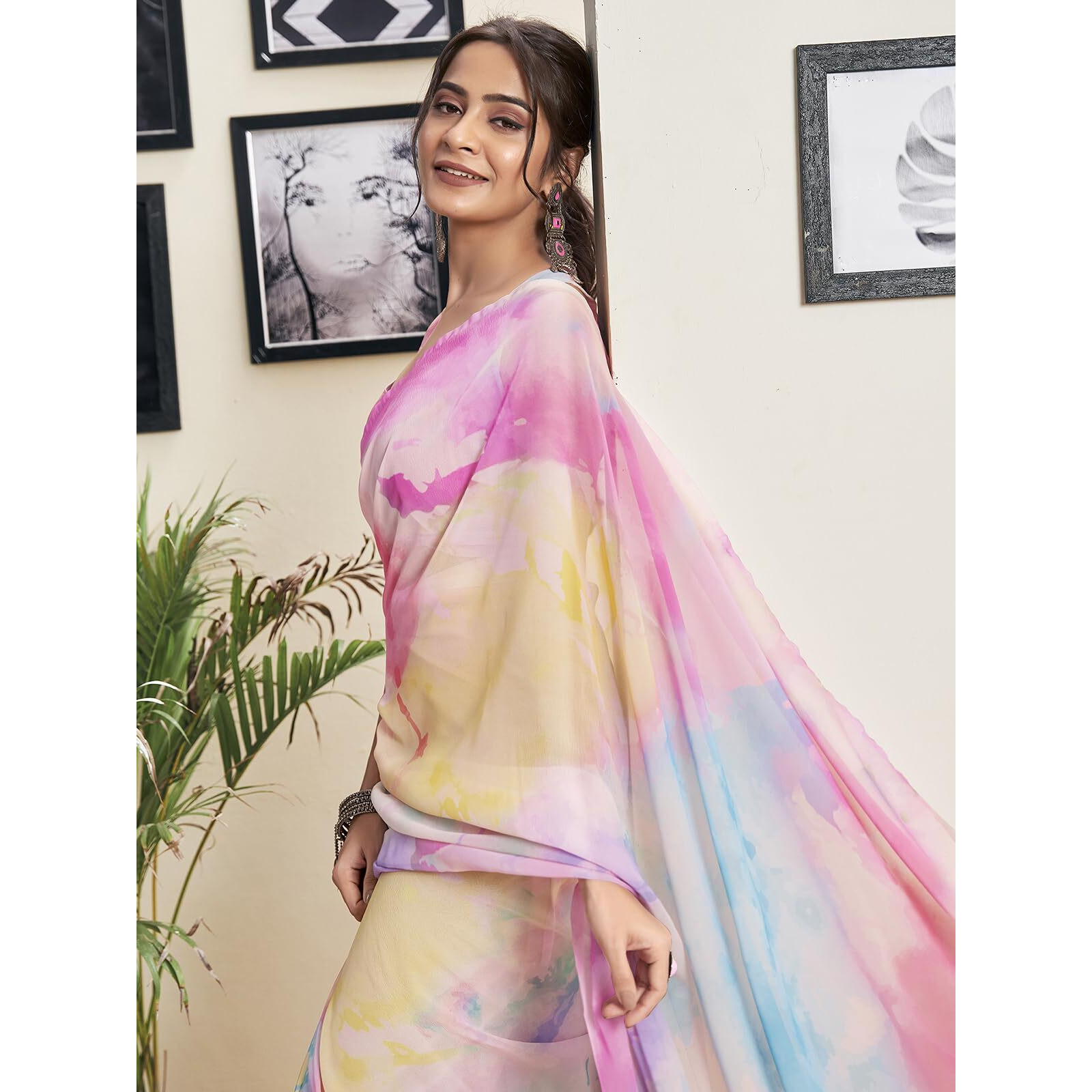 Satrani Women's Georgette Printed Ready To Wear Saree with Unstitched Blouse Piece (18RS158NA_Pink & Multi6)
