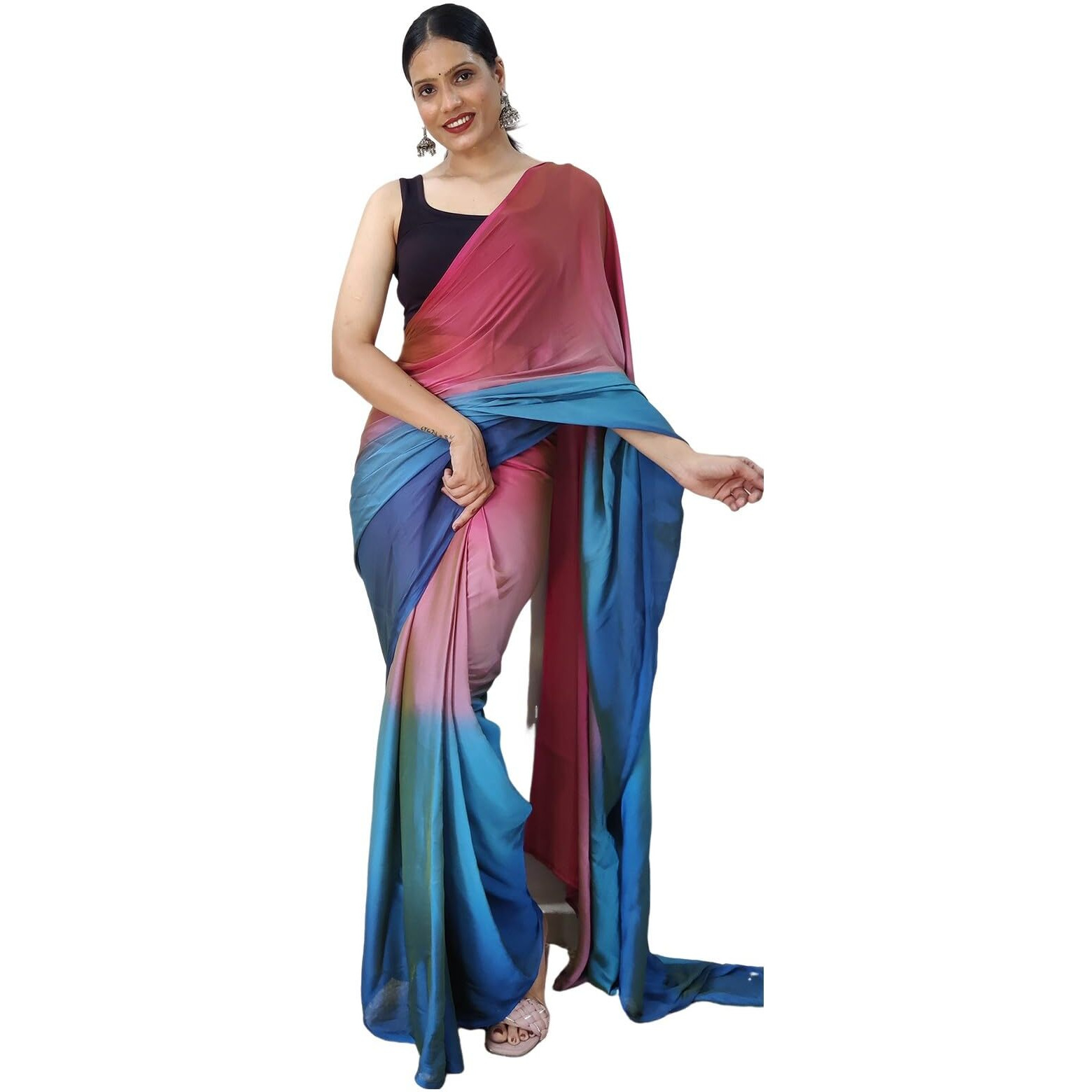 Satrani Women's Chiffon Ready To Wear Saree With Unstitched Blouse Piece(3029S195N_Pink)