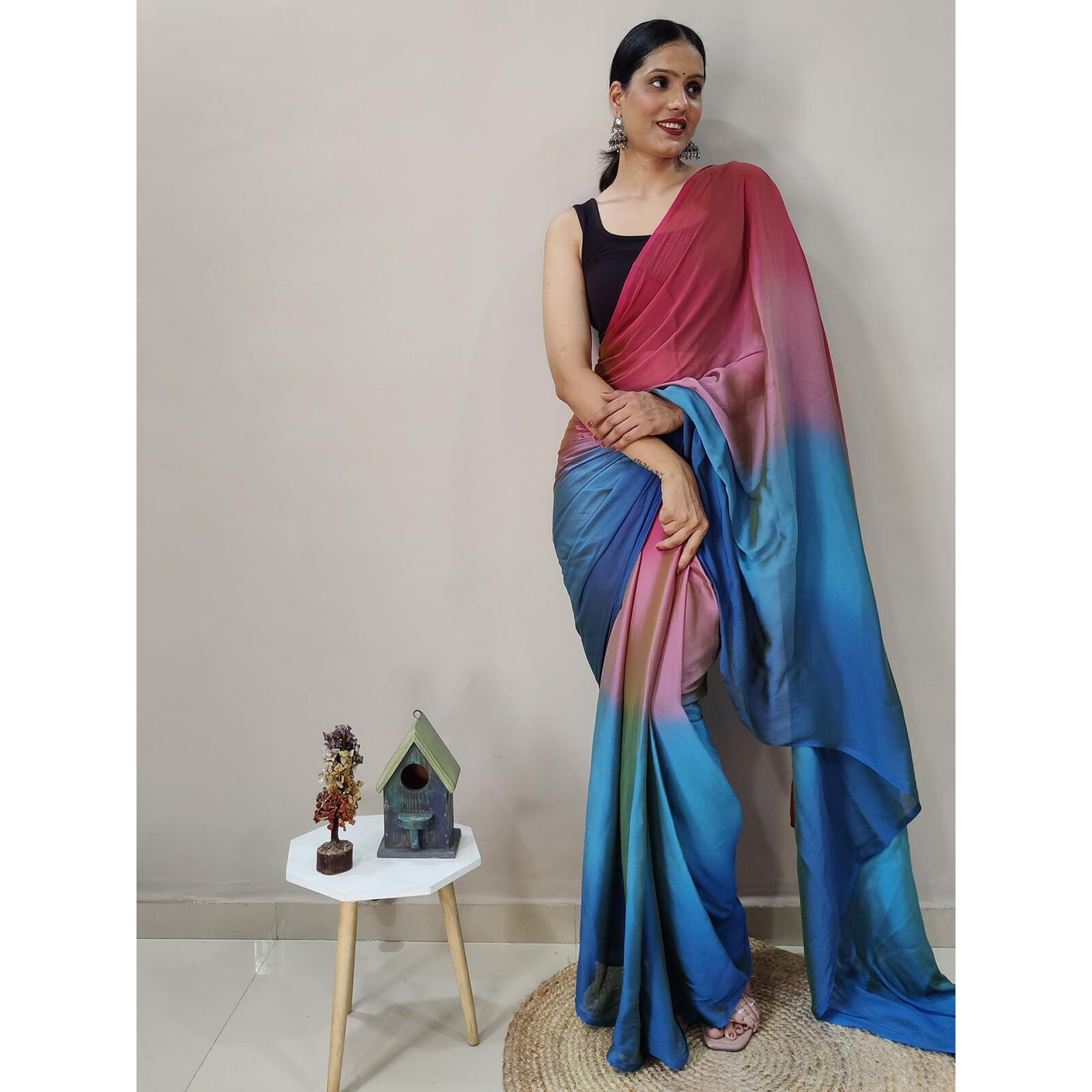 Satrani Women's Chiffon Ready To Wear Saree With Unstitched Blouse Piece(3029S195N_Pink)