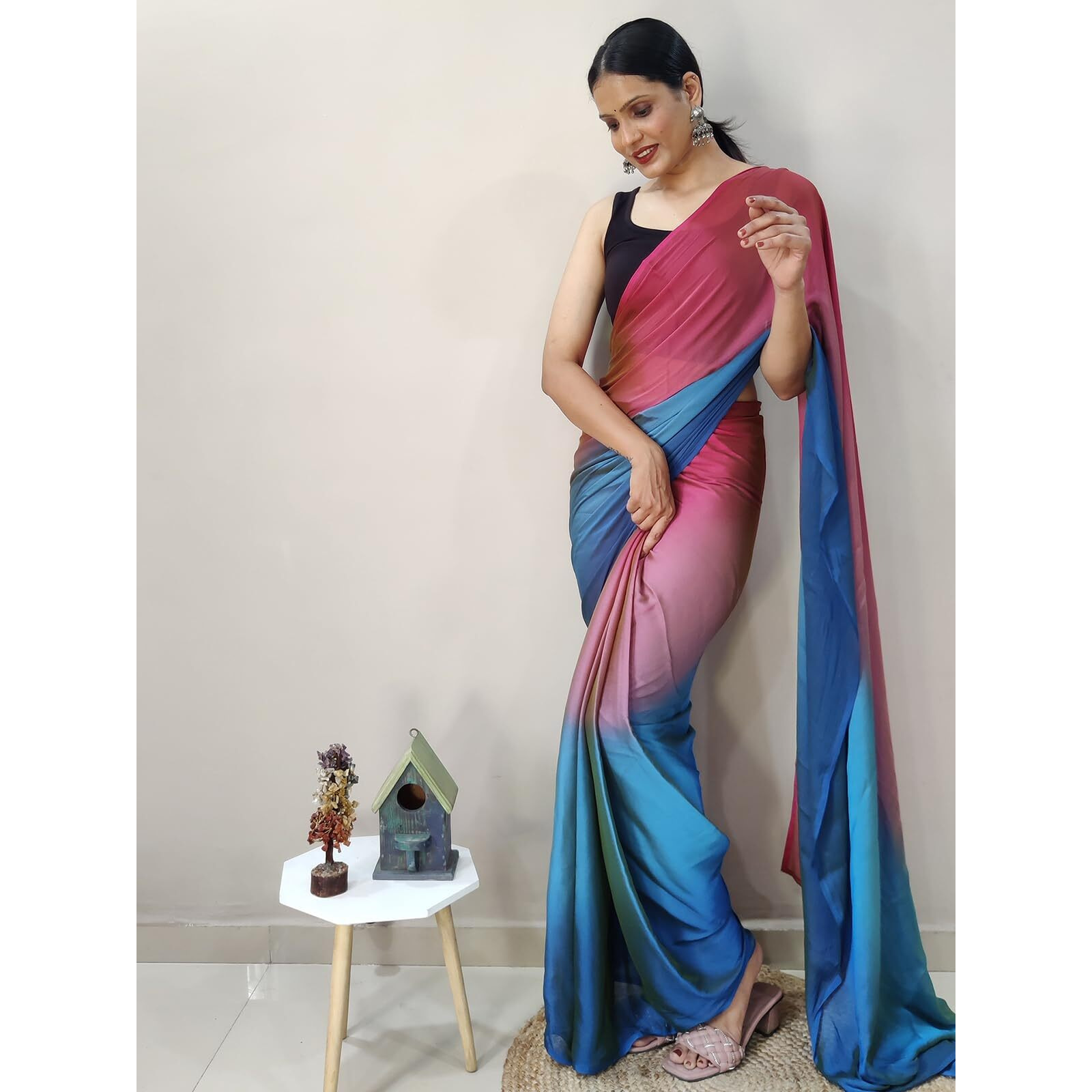 Satrani Women's Chiffon Ready To Wear Saree With Unstitched Blouse Piece(3029S195N_Pink)