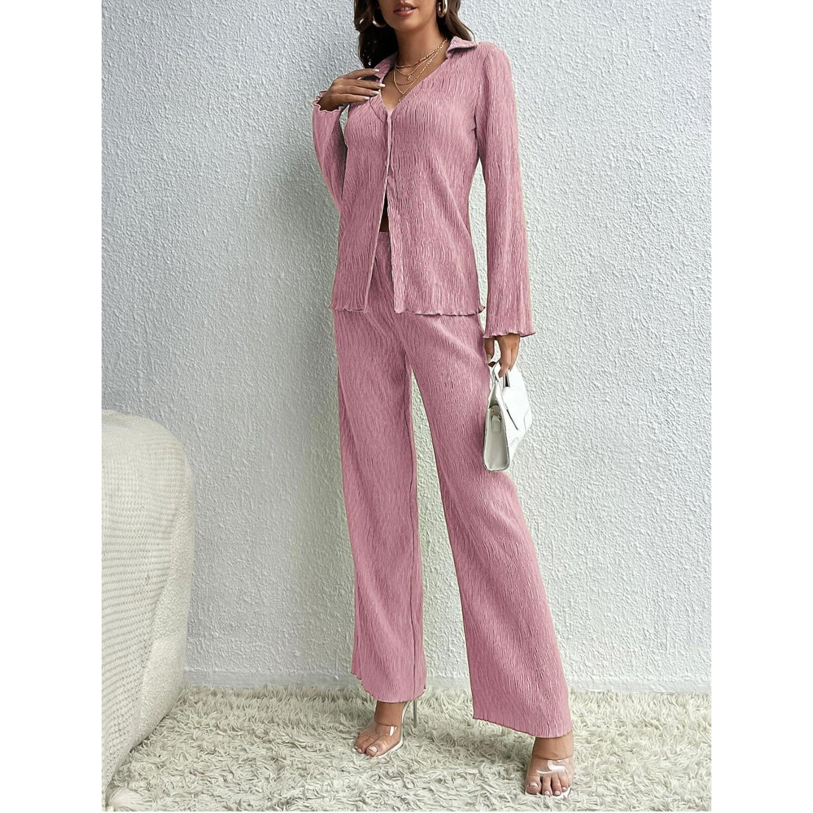 GRECIILOOKS Co Ord Set for Women | Co Ord Set for Women Stylish | Textured Co Ord Set for Women | Travel Co Ord Set for Women | Full Sleeve Women Co-ord Set (in, Alpha, 3XL, Regular, Pink)