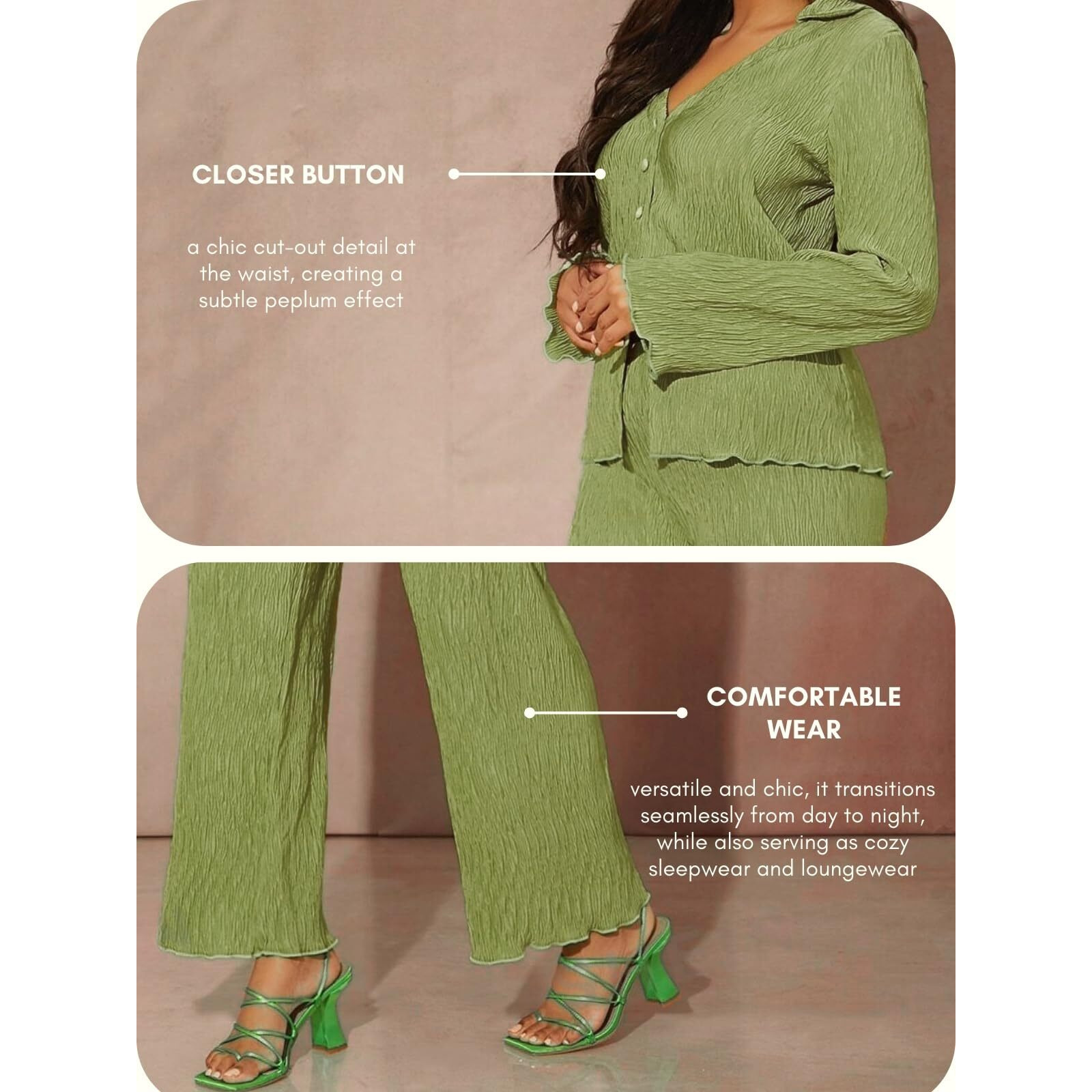 GRECIILOOKS Co Ord Set for Women | Co Ord Set for Women Stylish | Textured Co Ord Set for Women | Travel Co Ord Set for Women | Full Sleeve Women Co-ord Set (in, Alpha, M, Regular, Green)