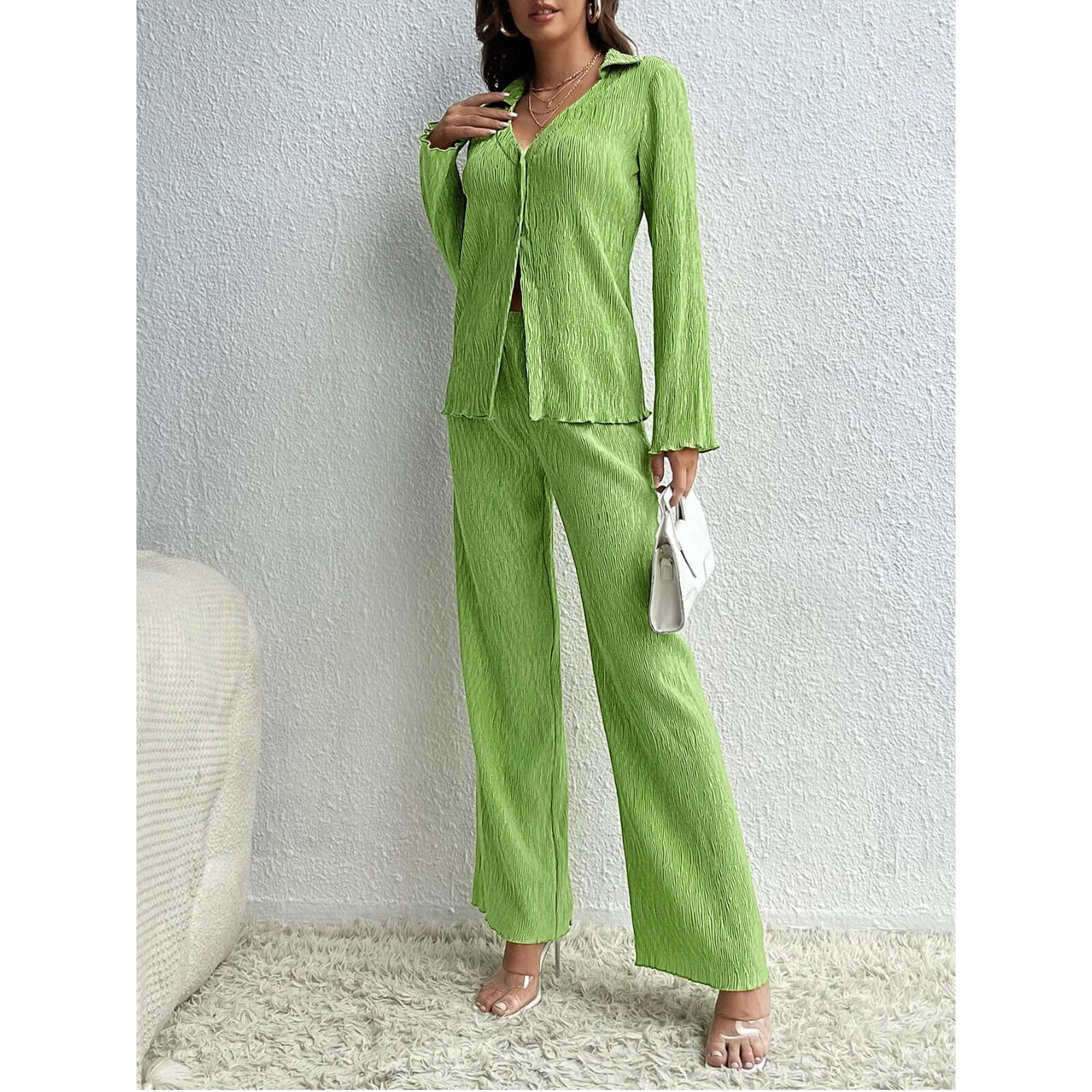 GRECIILOOKS Co Ord Set for Women | Co Ord Set for Women Stylish | Textured Co Ord Set for Women | Travel Co Ord Set for Women | Full Sleeve Women Co-ord Set (in, Alpha, M, Regular, Green)