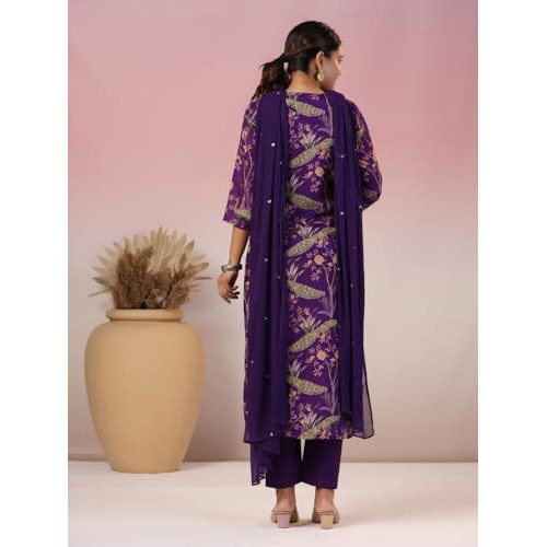 ANNI DESIGNER Women's Rayon Blend Printed Straight Kurta with Pant & Dupatta (GETO Blue_M_Blue_Medium)