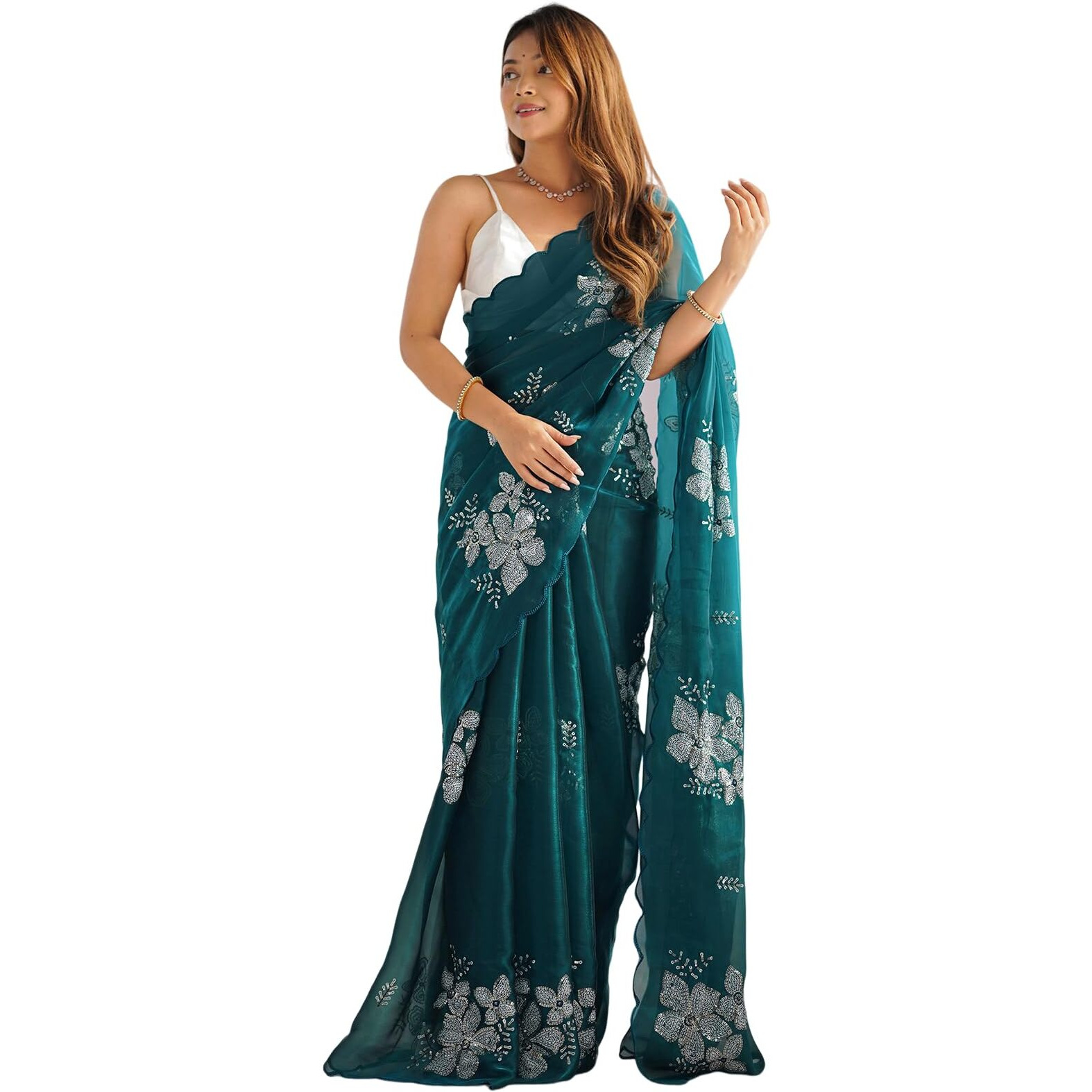 Satrani Women's Sequins Embroidery Chiffon Saree (3997S121N_Dark Green)
