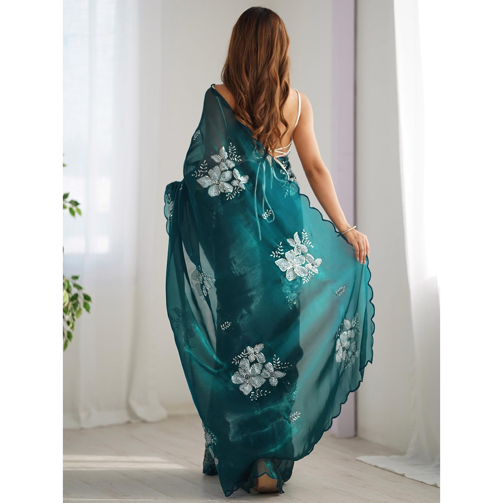 Satrani Women's Sequins Embroidery Chiffon Saree (3997S121N_Dark Green)