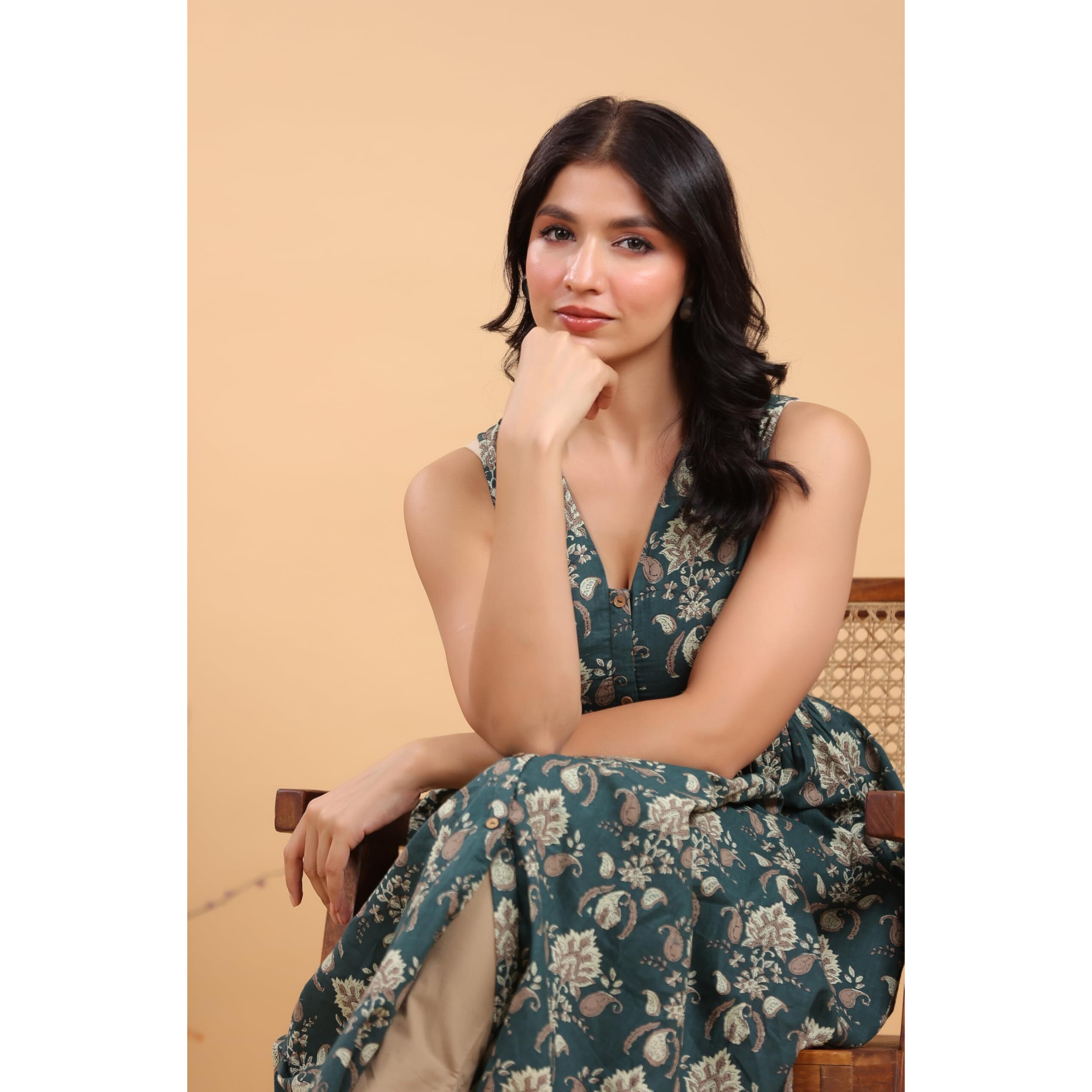 Janasya Women's Dark Green Pure Cotton Paisley Printed A-Line Kurta (JAB24KR00640-XL)