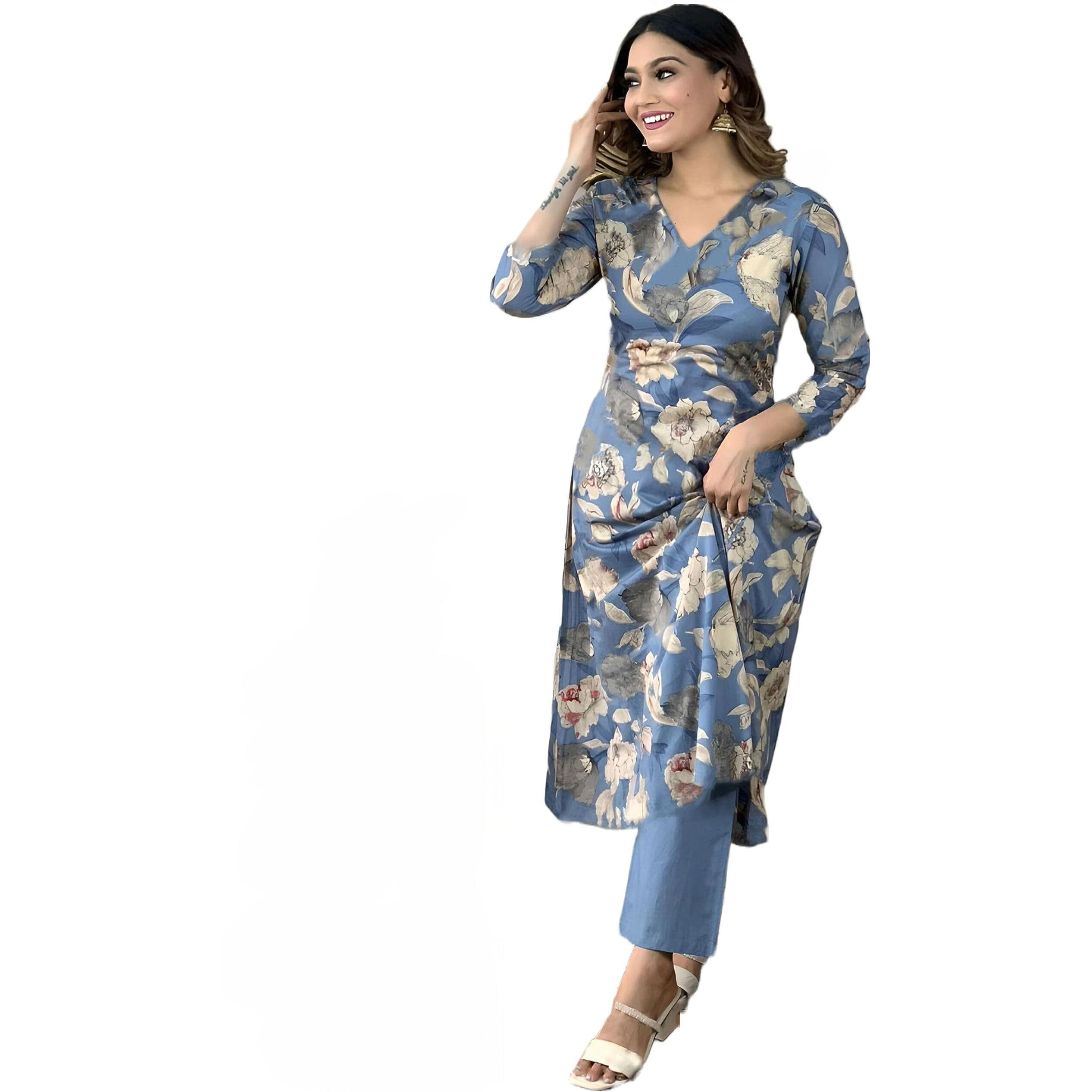 ANNI DESIGNER Women's Rayon Straight Printed Kurta with Pant Set (DHUN-Blue-NW_S_Blue_Small)