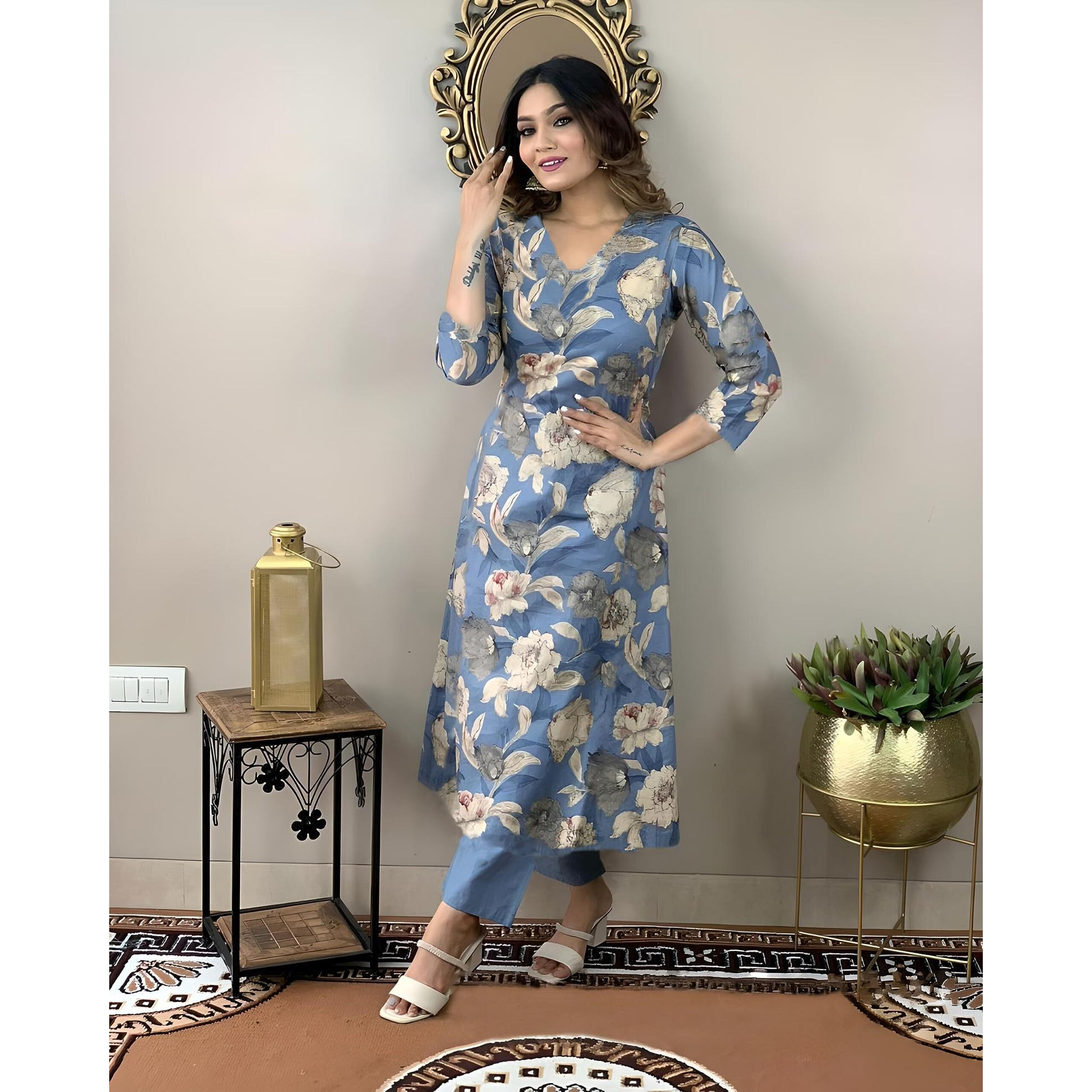 ANNI DESIGNER Women's Rayon Straight Printed Kurta with Pant Set (DHUN-Blue-NW_S_Blue_Small)
