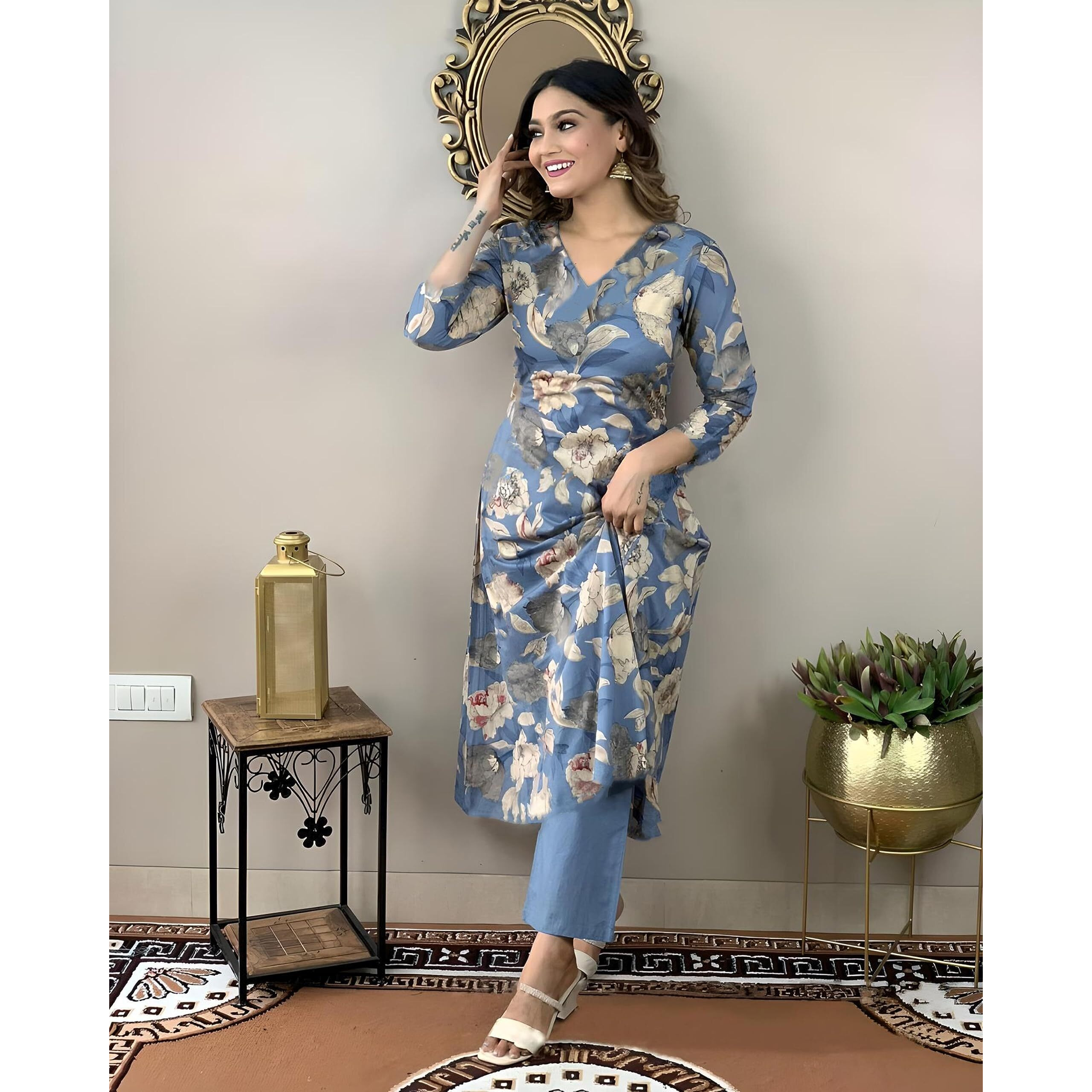 ANNI DESIGNER Women's Rayon Straight Printed Kurta with Pant Set (DHUN-Blue-NW_S_Blue_Small)