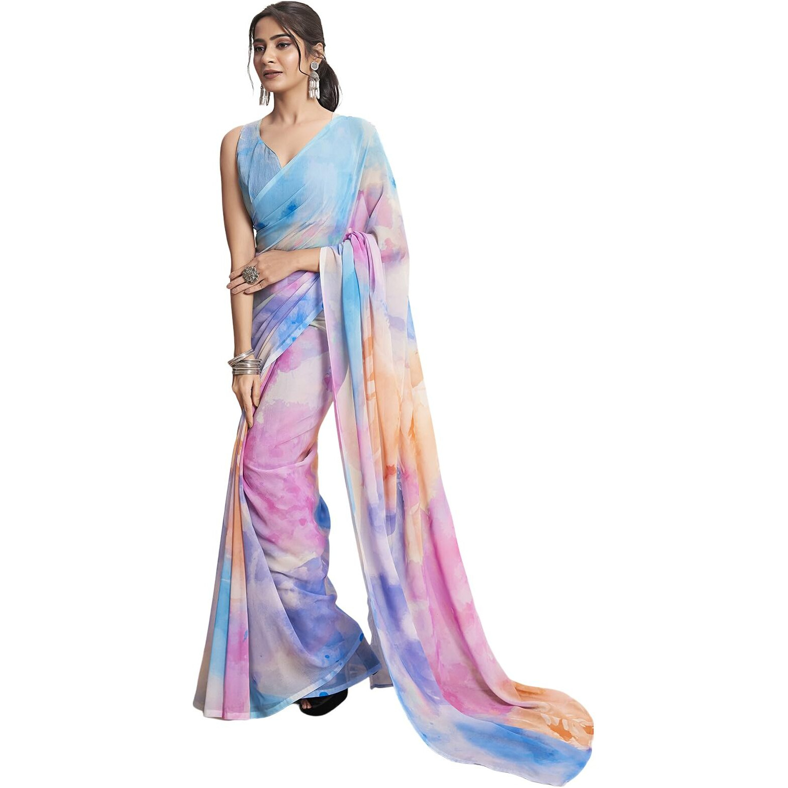 Satrani Women's Georgette Printed Ready To Wear Saree with Unstitched Blouse Piece (18RS157NA_Blue & Multi6)
