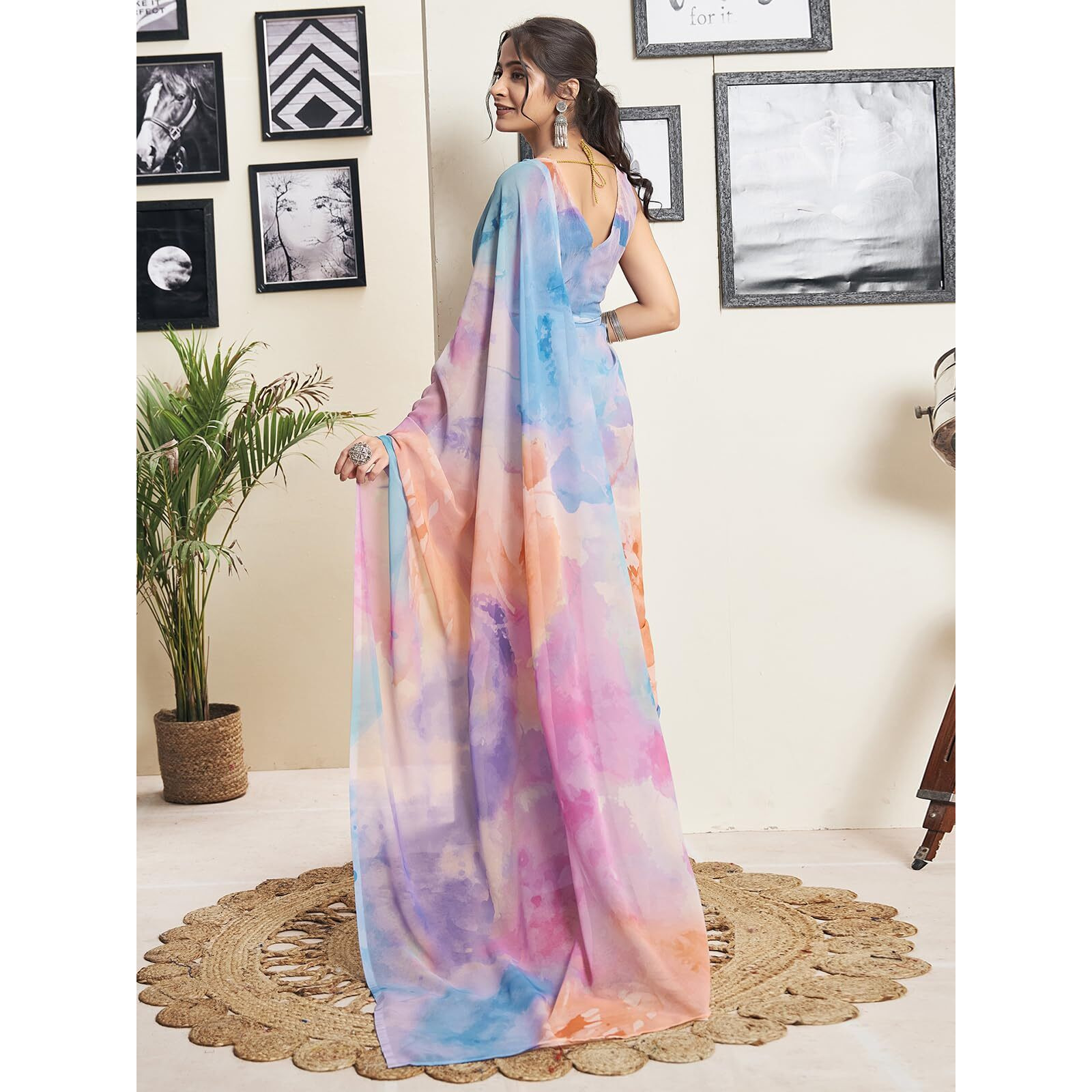 Satrani Women's Georgette Printed Ready To Wear Saree with Unstitched Blouse Piece (18RS157NA_Blue & Multi6)