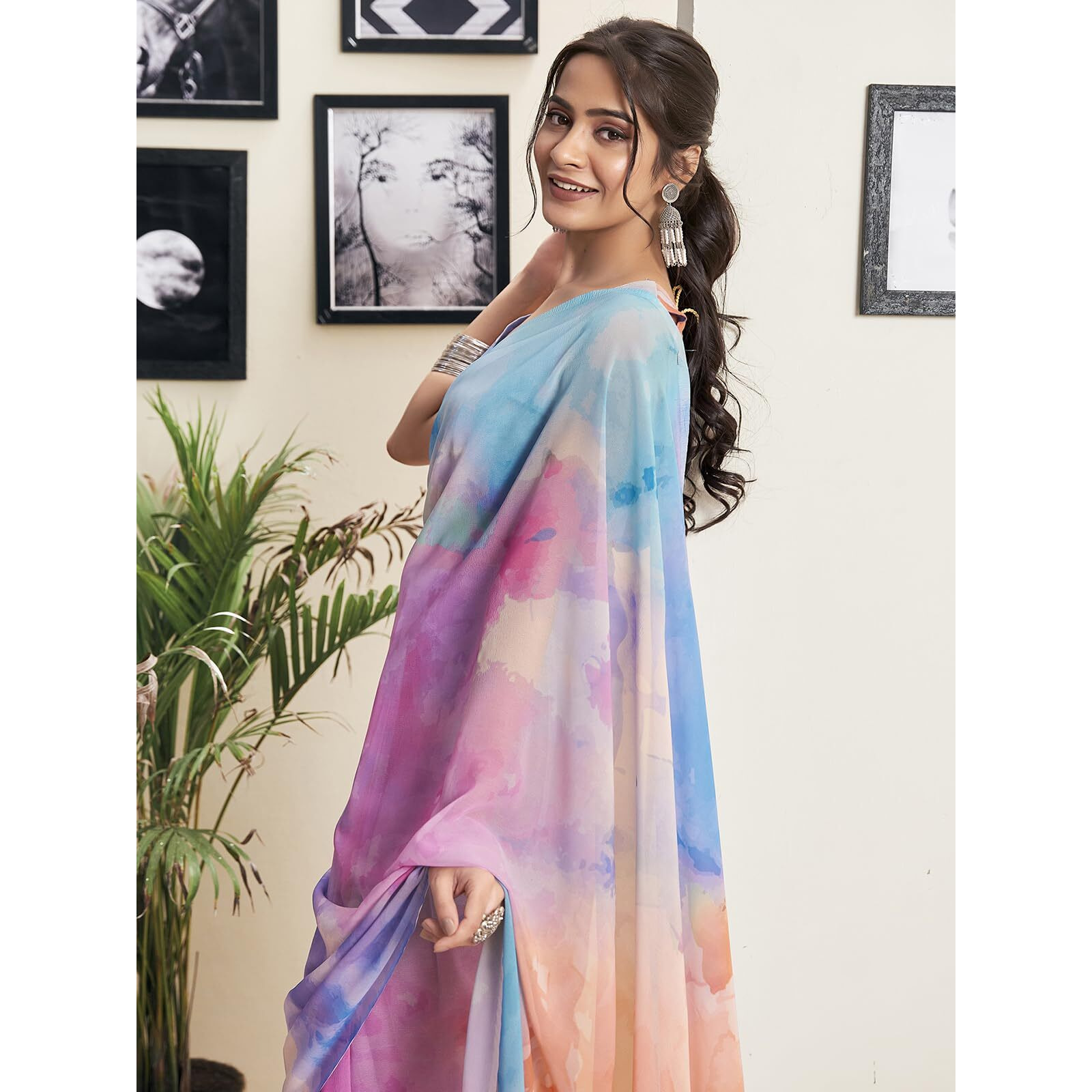 Satrani Women's Georgette Printed Ready To Wear Saree with Unstitched Blouse Piece (18RS157NA_Blue & Multi6)