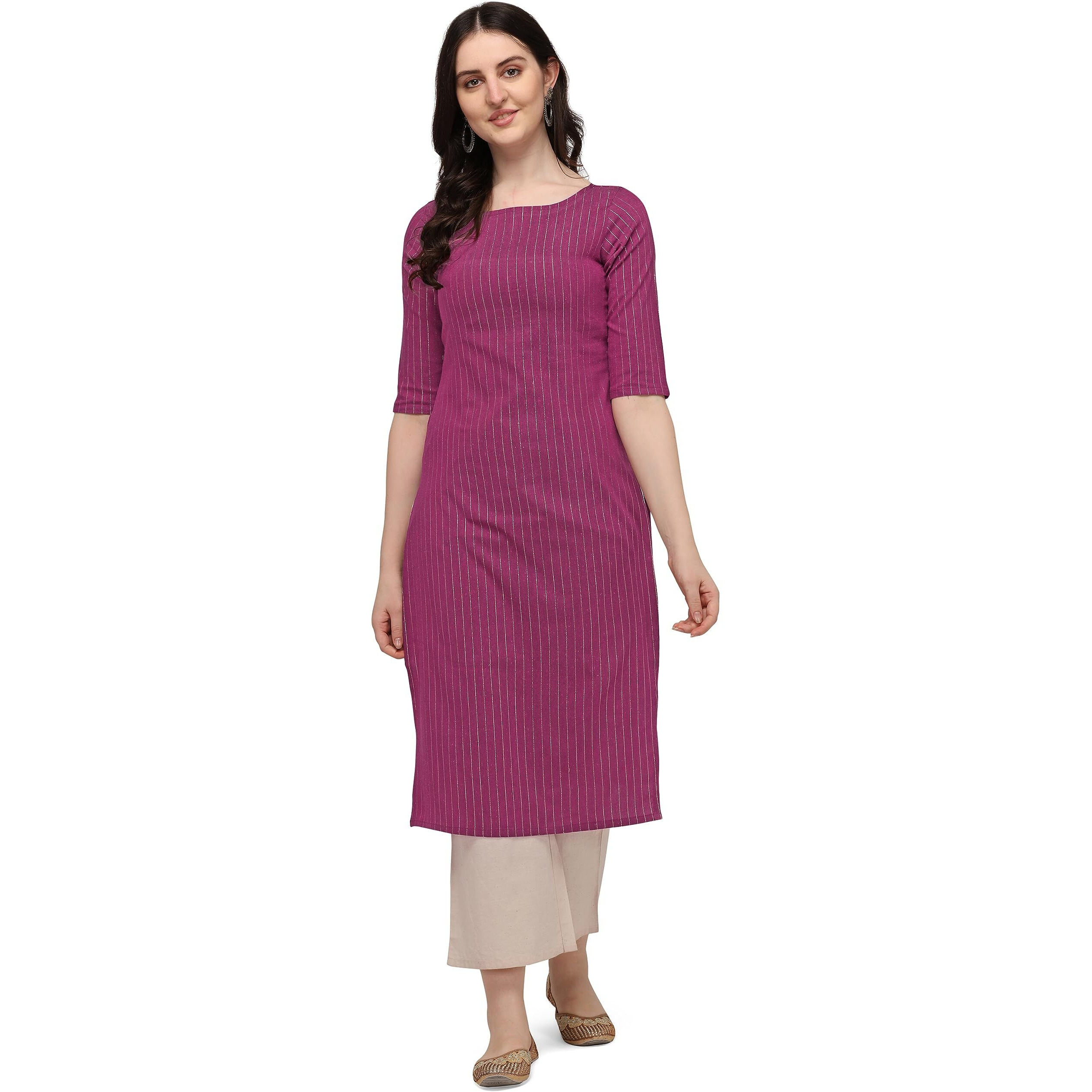 Hritika Rani Colored Solid Plain Strips Effect with Golden Shimmer Cotton Blend Kurta_(HRK0014RANI_L)