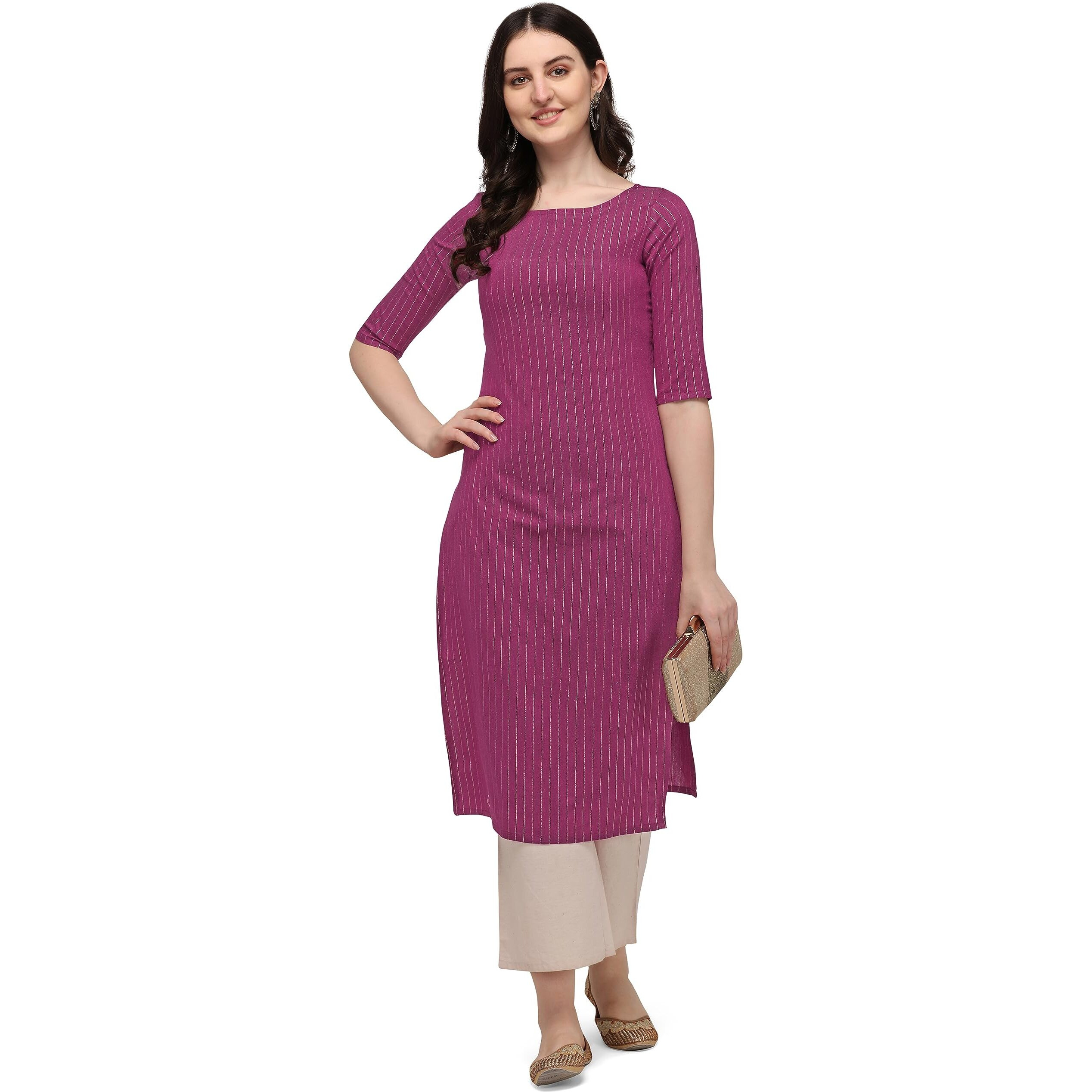 Hritika Rani Colored Solid Plain Strips Effect with Golden Shimmer Cotton Blend Kurta_(HRK0014RANI_L)