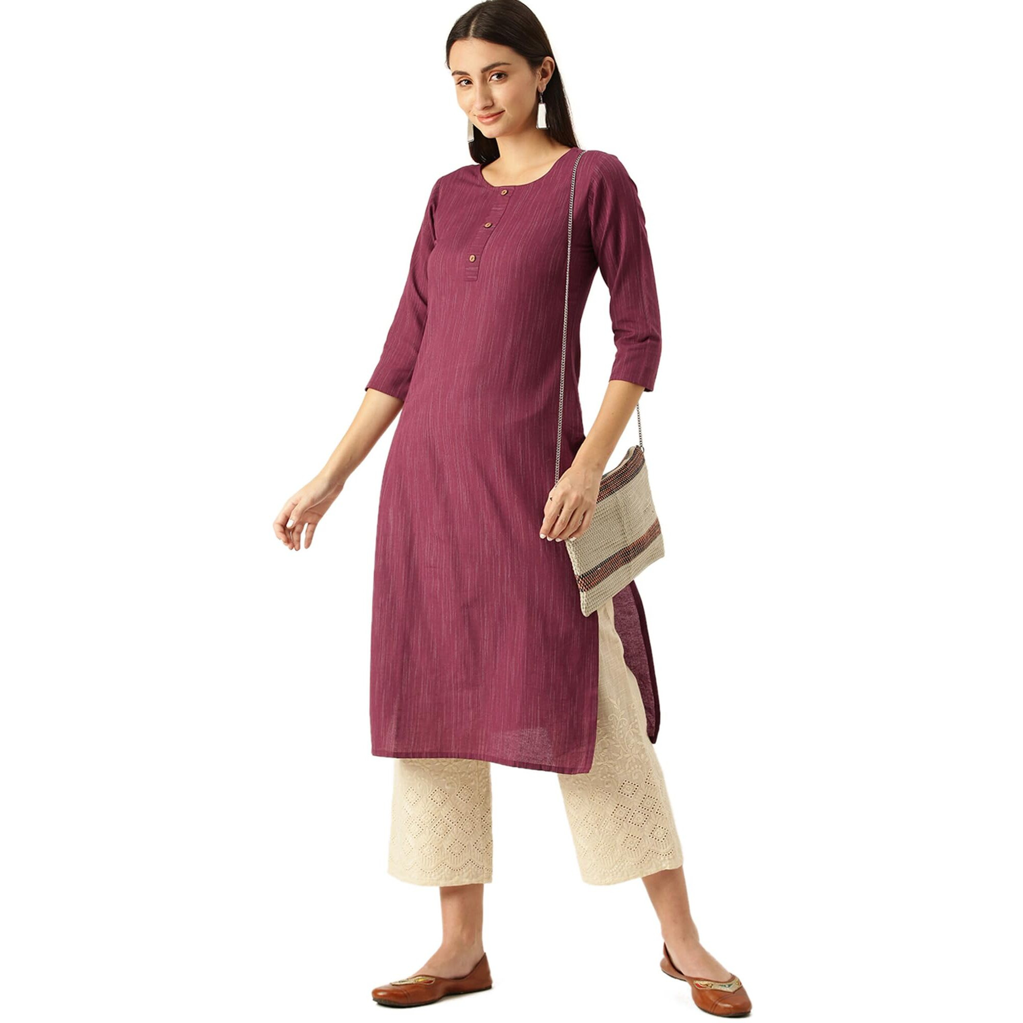 Hritika Wine Colored Solid Plain Strips Effect with Buttons Cotton Blend Kurta Under 300_(HRK008WINE_S)