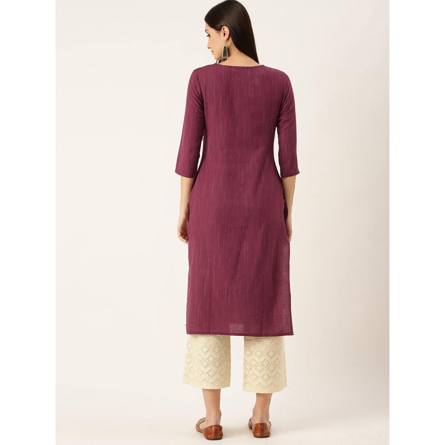 Hritika Wine Colored Solid Plain Strips Effect with Buttons Cotton Blend Kurta Under 300_(HRK008WINE_S)