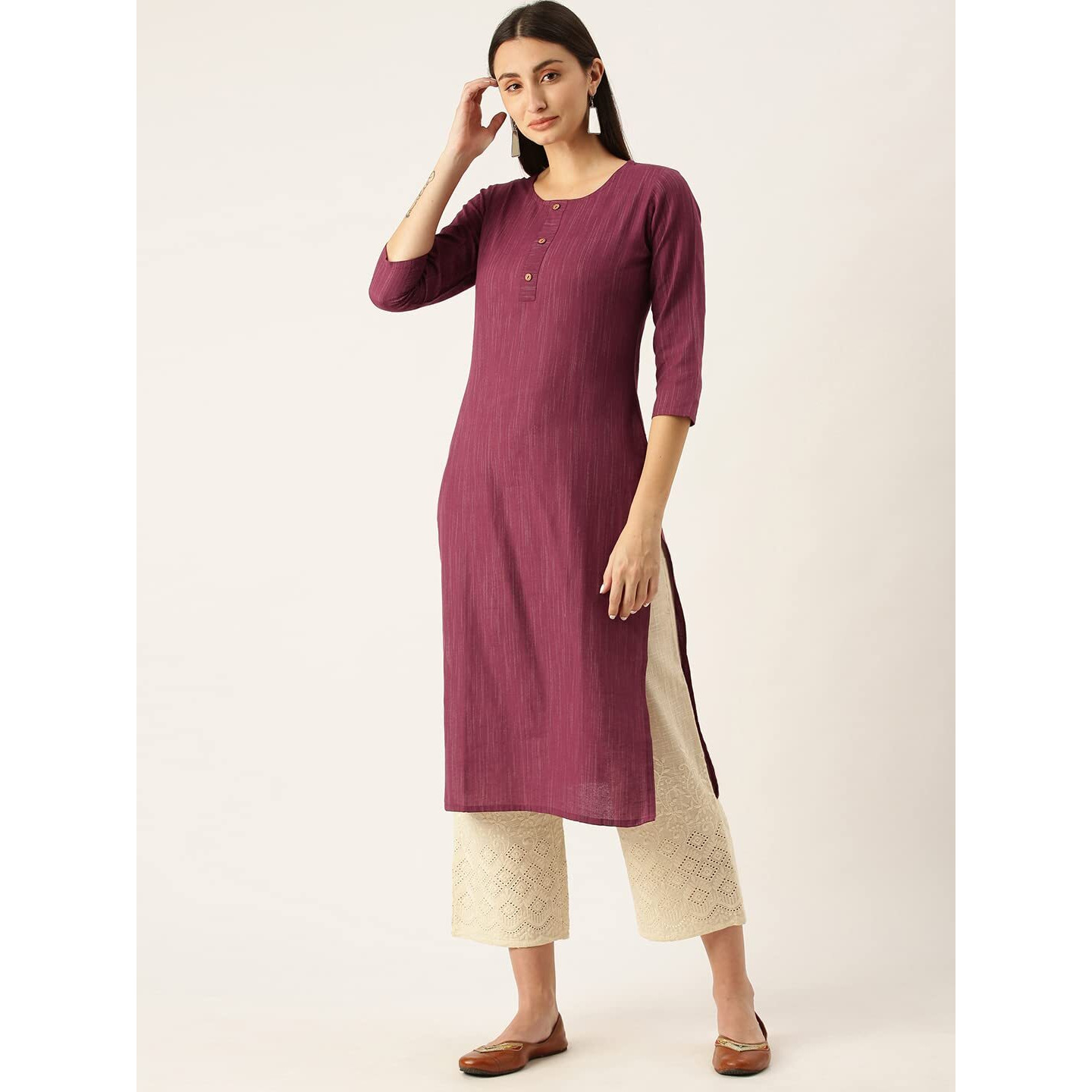 Hritika Wine Colored Solid Plain Strips Effect with Buttons Cotton Blend Kurta Under 300_(HRK008WINE_S)