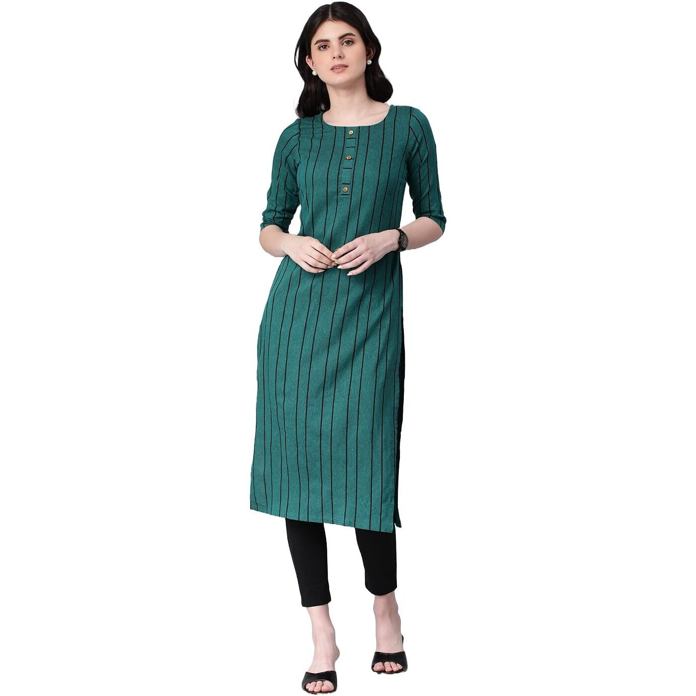 Hritika Turquoise Green Colored Strips & Solid Plain Cotton Blend Kurta Under 300_(HRK0016TGRN_M)