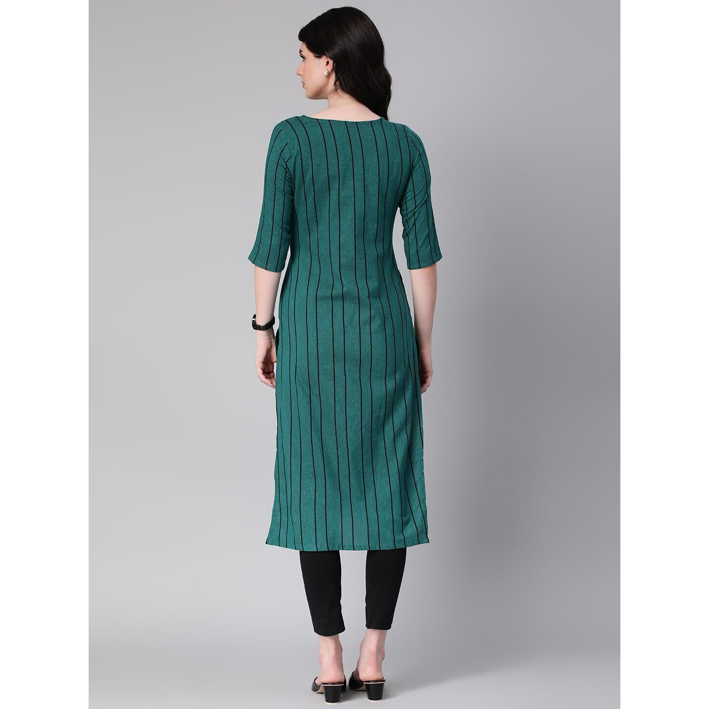 Hritika Turquoise Green Colored Strips & Solid Plain Cotton Blend Kurta Under 300_(HRK0016TGRN_M)