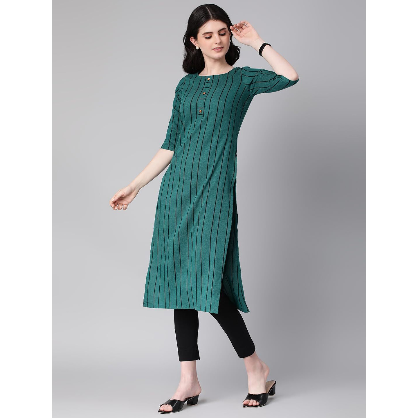 Hritika Turquoise Green Colored Strips & Solid Plain Cotton Blend Kurta Under 300_(HRK0016TGRN_M)