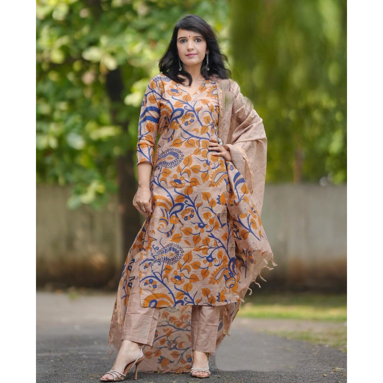 GoSriKi Women's Rayon Blend Printed Straight Kurta with Pant & Dupatta (Kalam Chiku-GS_S_Beige_Small)