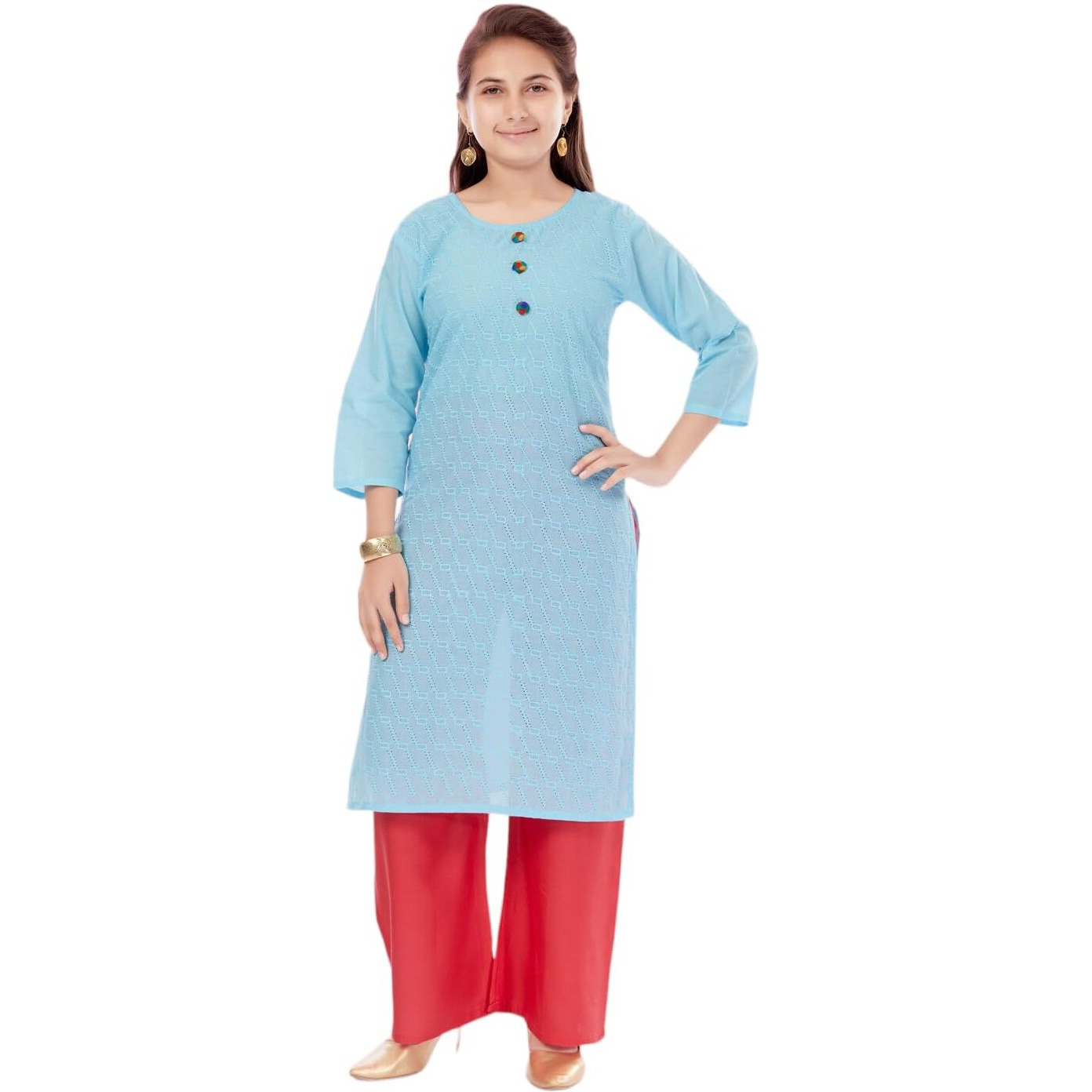 Aarika Girls Firozi Colour Cotton Embroidery Kurti (KURTI-K-181-FIROZI-30)