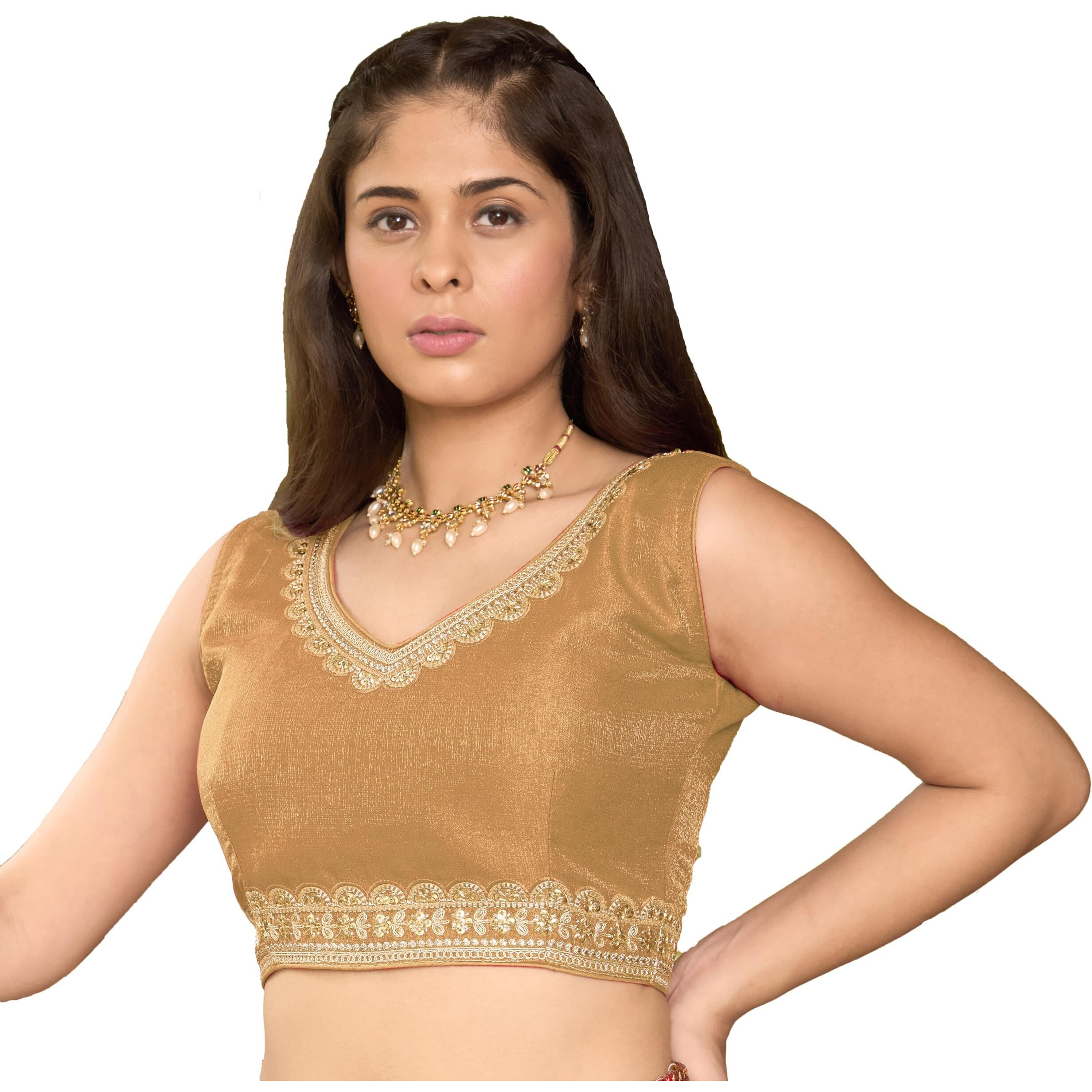 Pujia Mills Women's Sequin Embroidered V Neck Sleeveless Readymade Saree Blouse Indian Ethnic Designer Stitched Readymade Sequence Saree Blouse Sleeveless Blouse Readymade Gold Blouse for Women