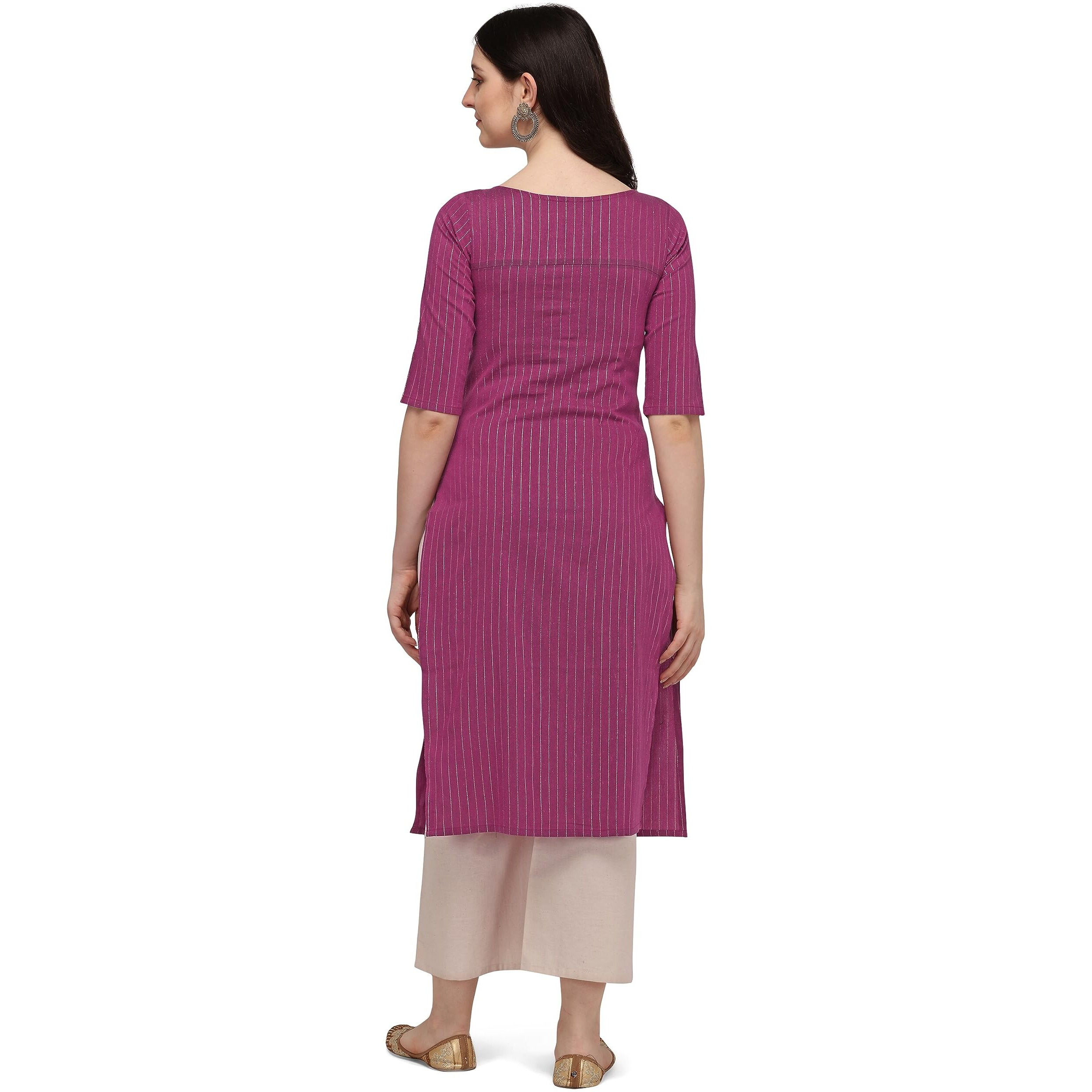 Hritika Rani Colored Solid Plain Strips Effect with Golden Shimmer Cotton Blend Kurta_(HRK0014RANI_M)