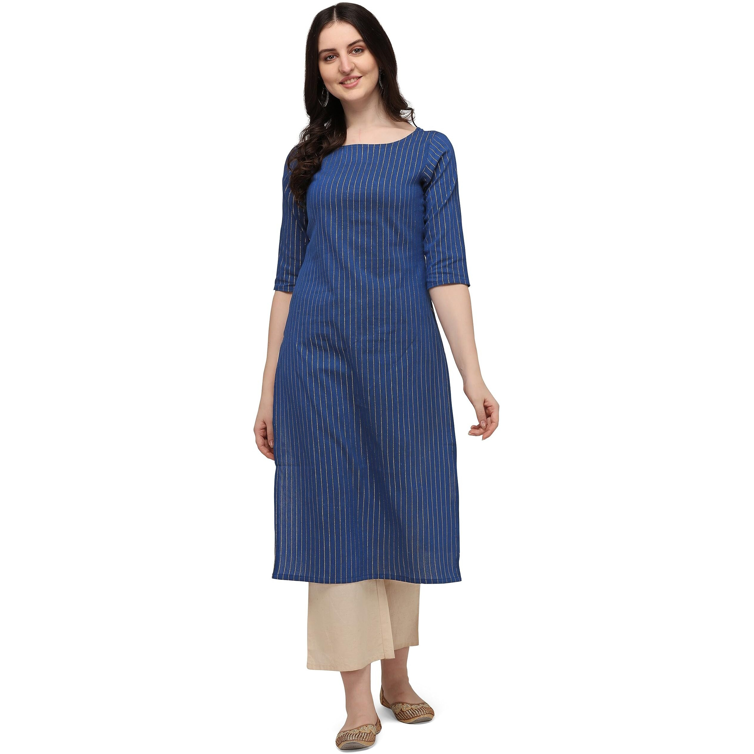 Hritika Blue Colored Solid Plain Strips Effect with Golden Shimmer Cotton Blend Kurta_(HRK0014BLUE_S)