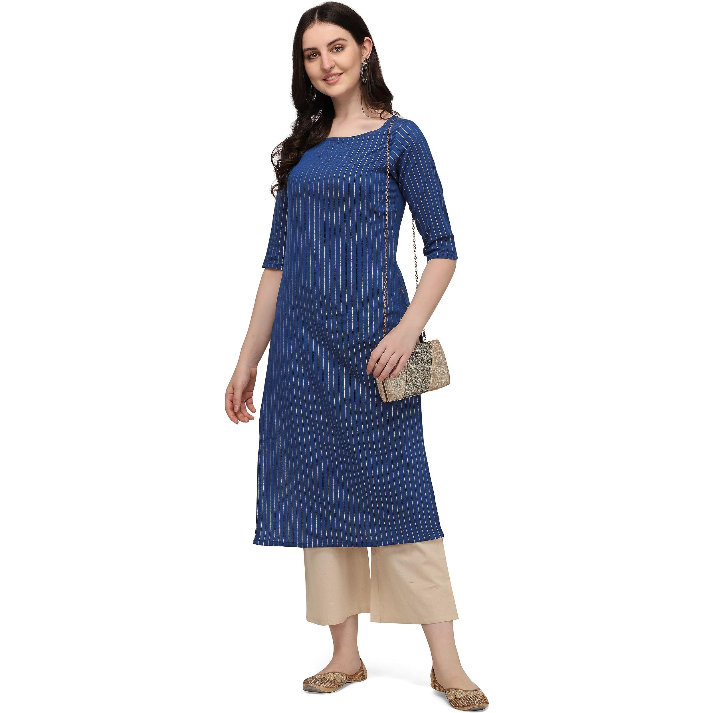 Hritika Blue Colored Solid Plain Strips Effect with Golden Shimmer Cotton Blend Kurta_(HRK0014BLUE_S)