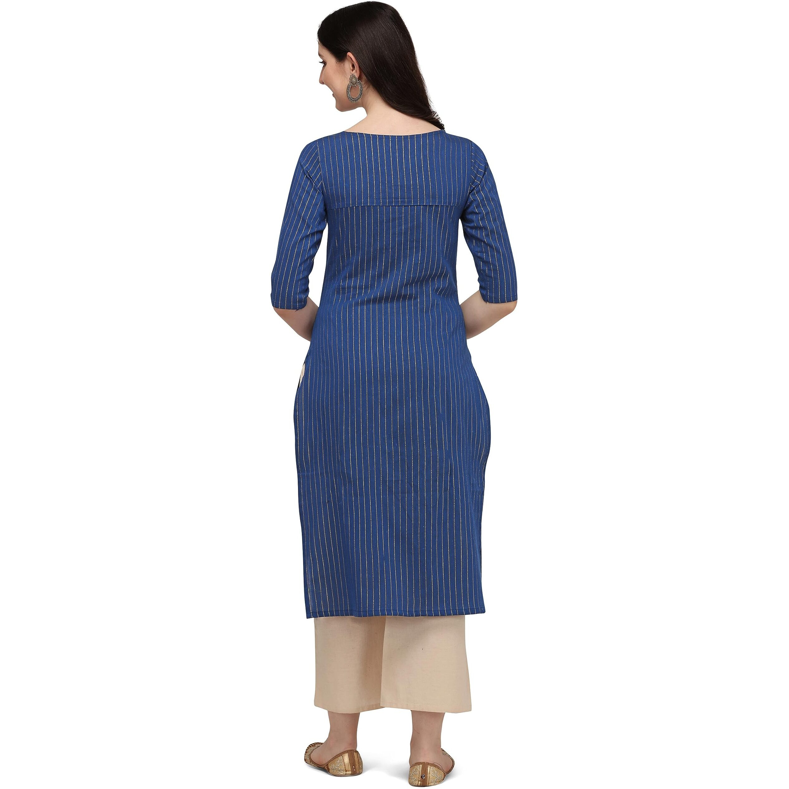 Hritika Blue Colored Solid Plain Strips Effect with Golden Shimmer Cotton Blend Kurta_(HRK0014BLUE_S)