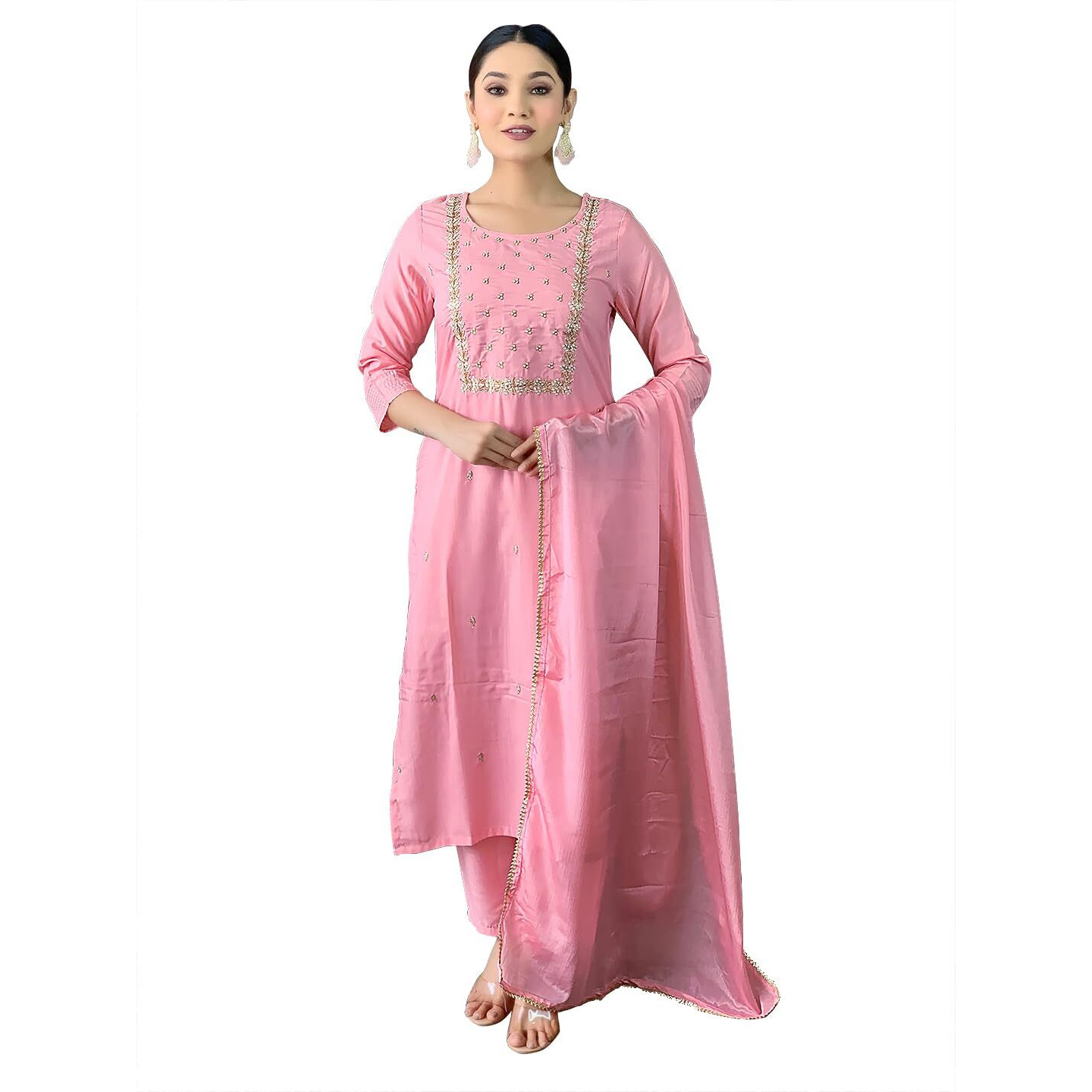 Naixa Women's Peach Rayon Slub Embroidered Straight Kurta with Rayon Slub Pant and Chinon Laced Dupatta Sets (M-Pragati-Peach-S)