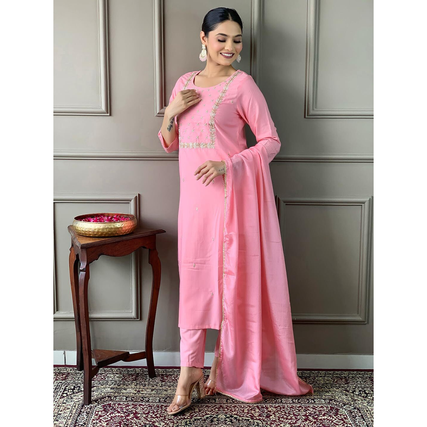 Naixa Women's Peach Rayon Slub Embroidered Straight Kurta with Rayon Slub Pant and Chinon Laced Dupatta Sets (M-Pragati-Peach-S)