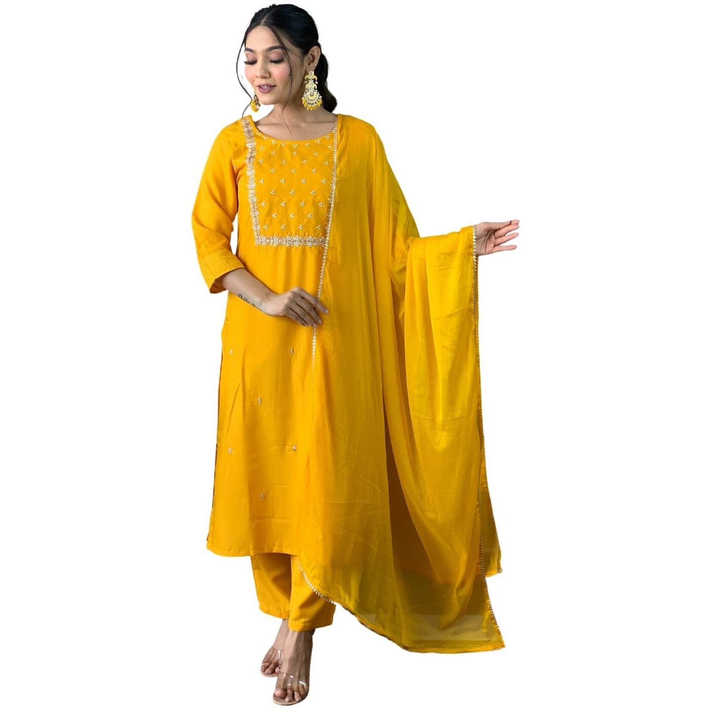 Naixa Women's Yellow Rayon Slub Embroidered Straight Kurta with Rayon Slub Pant and Chinon Laced Dupatta Sets (M-Pragati-Yellow-L)