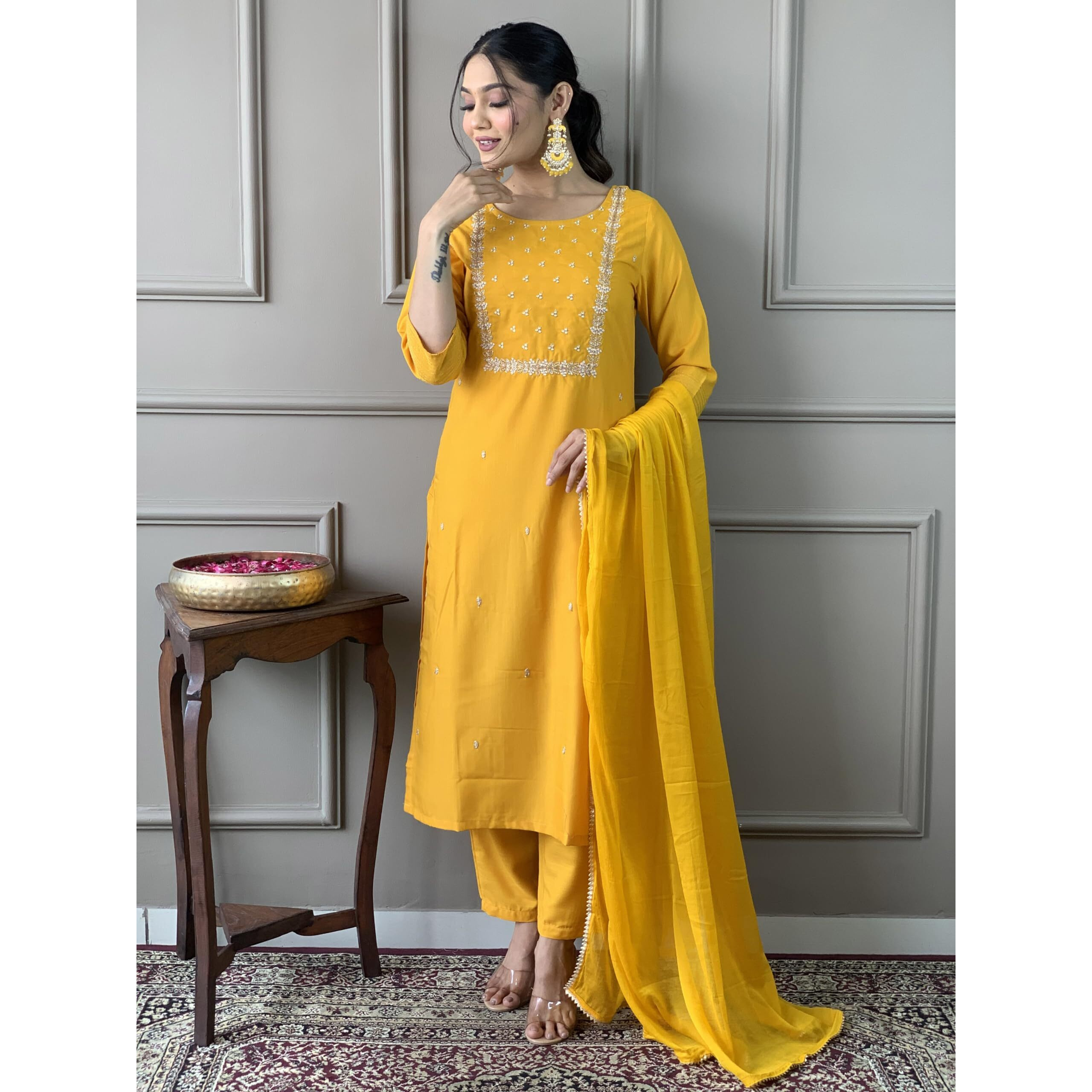 Naixa Women's Yellow Rayon Slub Embroidered Straight Kurta with Rayon Slub Pant and Chinon Laced Dupatta Sets (M-Pragati-Yellow-L)