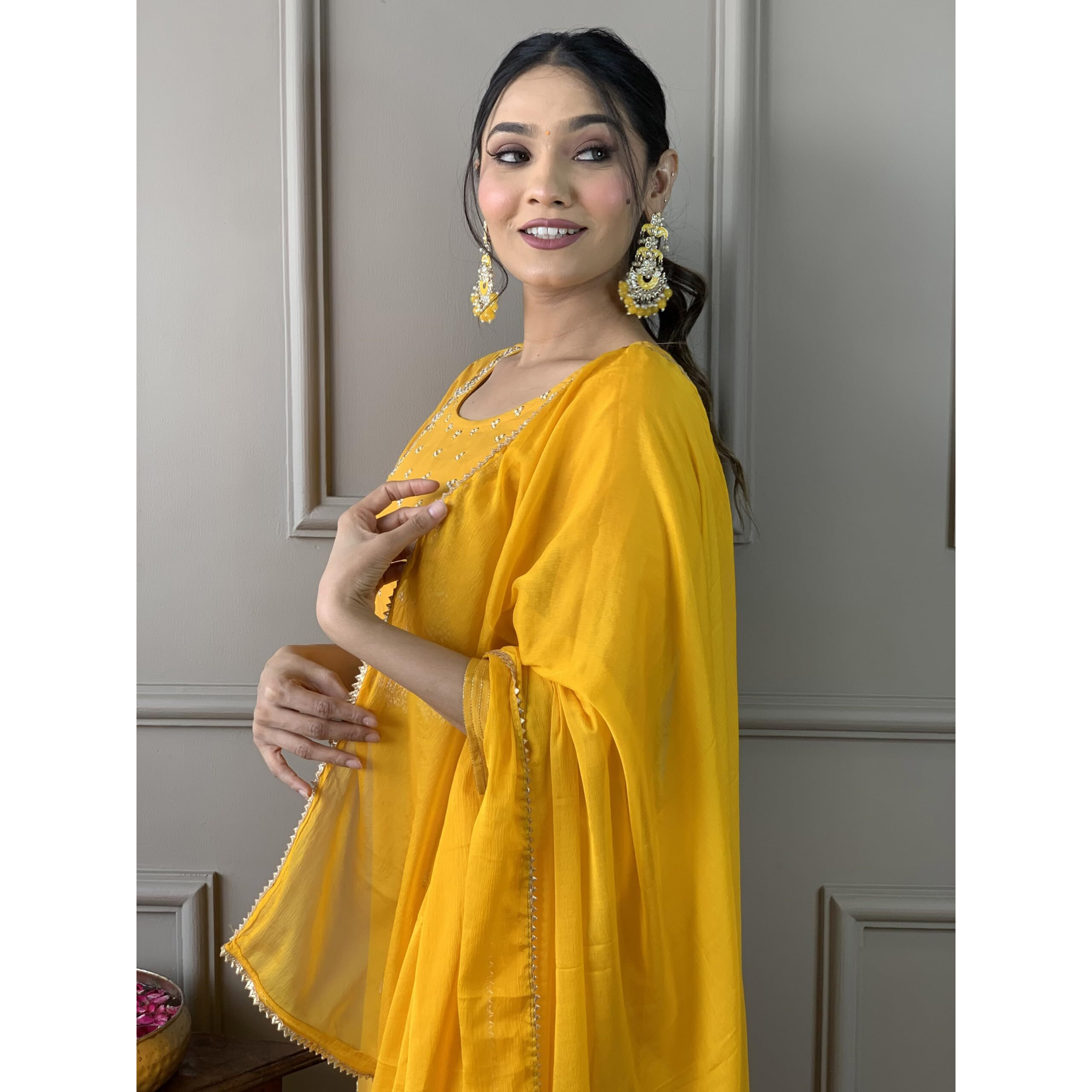 Naixa Women's Yellow Rayon Slub Embroidered Straight Kurta with Rayon Slub Pant and Chinon Laced Dupatta Sets (M-Pragati-Yellow-L)